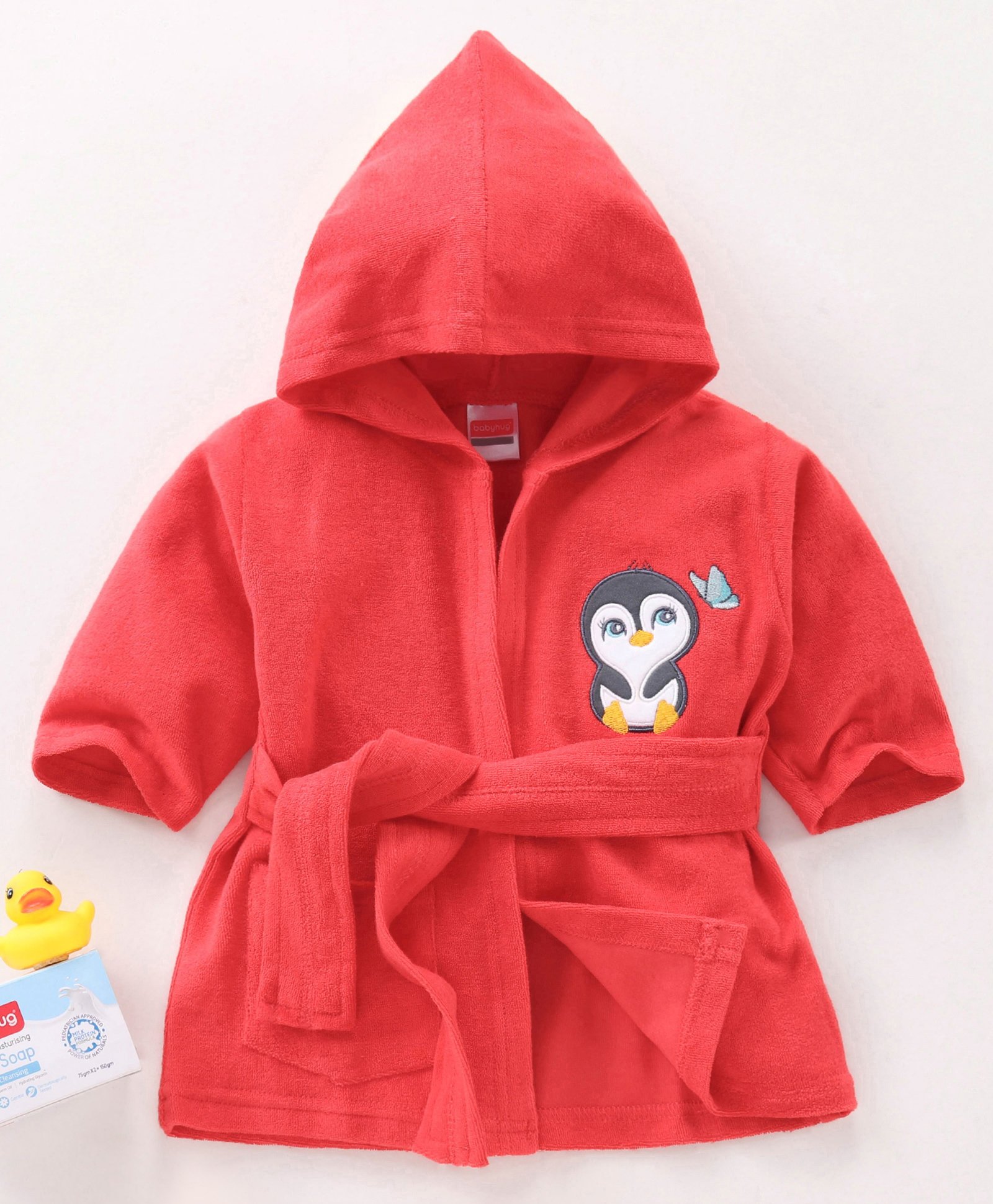 Babyhug Three Fourth Sleeves Hooded Bath Robe Penguin Embroidery- Red-image-40