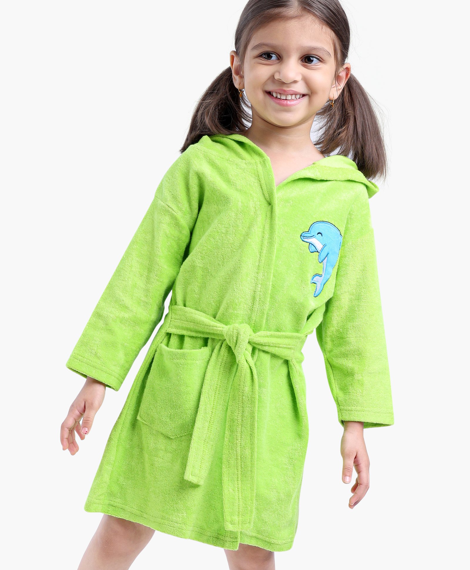 Babyhug Full Sleeves Cotton Knit Hooded Bathrobe Dolphin Patch - Green-image-42