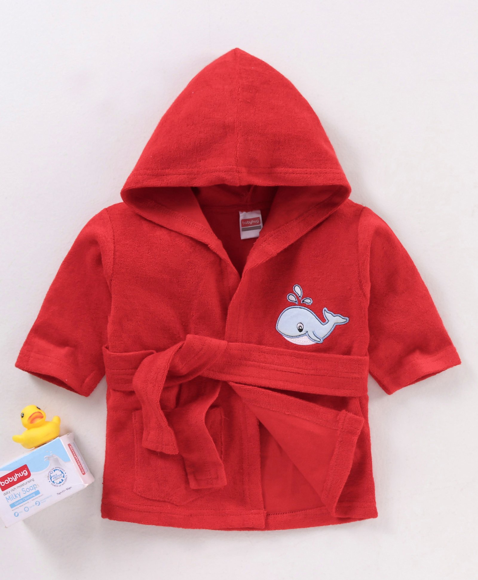 Babyhug Cotton Full Sleeves Whale Embroidery Hooded Bath Robe - Red-image-34