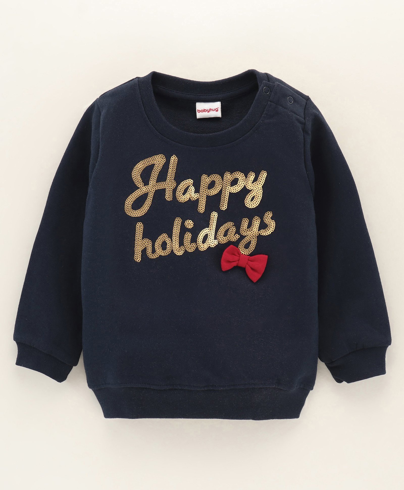 Babyhug Full Sleeves Sweatshirt With Sequence Embroidery & Bow Detailing- Navy-image-12