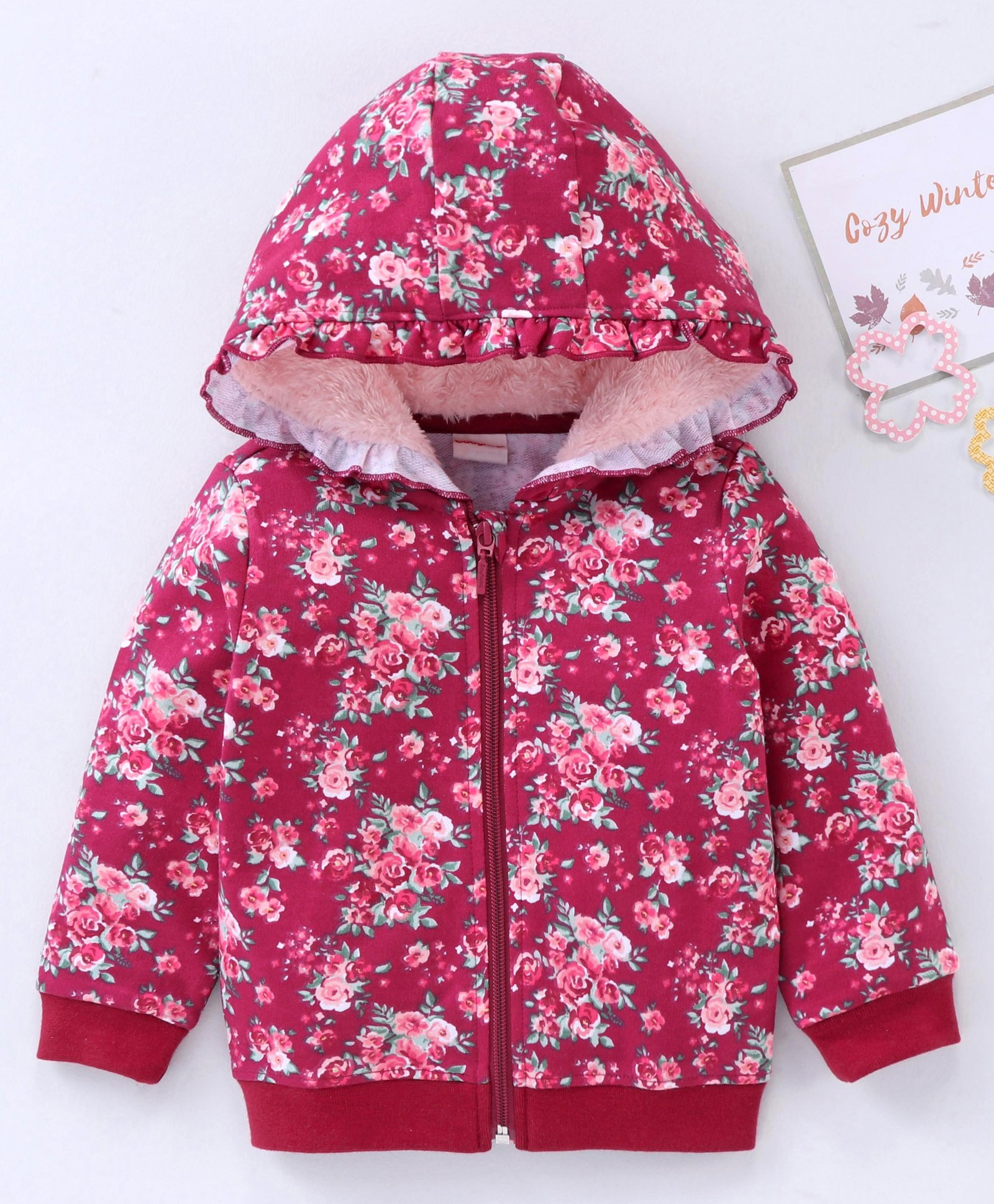 Babyhug Cotton Knit Full Sleeves Hooded Jacket Floral Print - Maroon-image-4