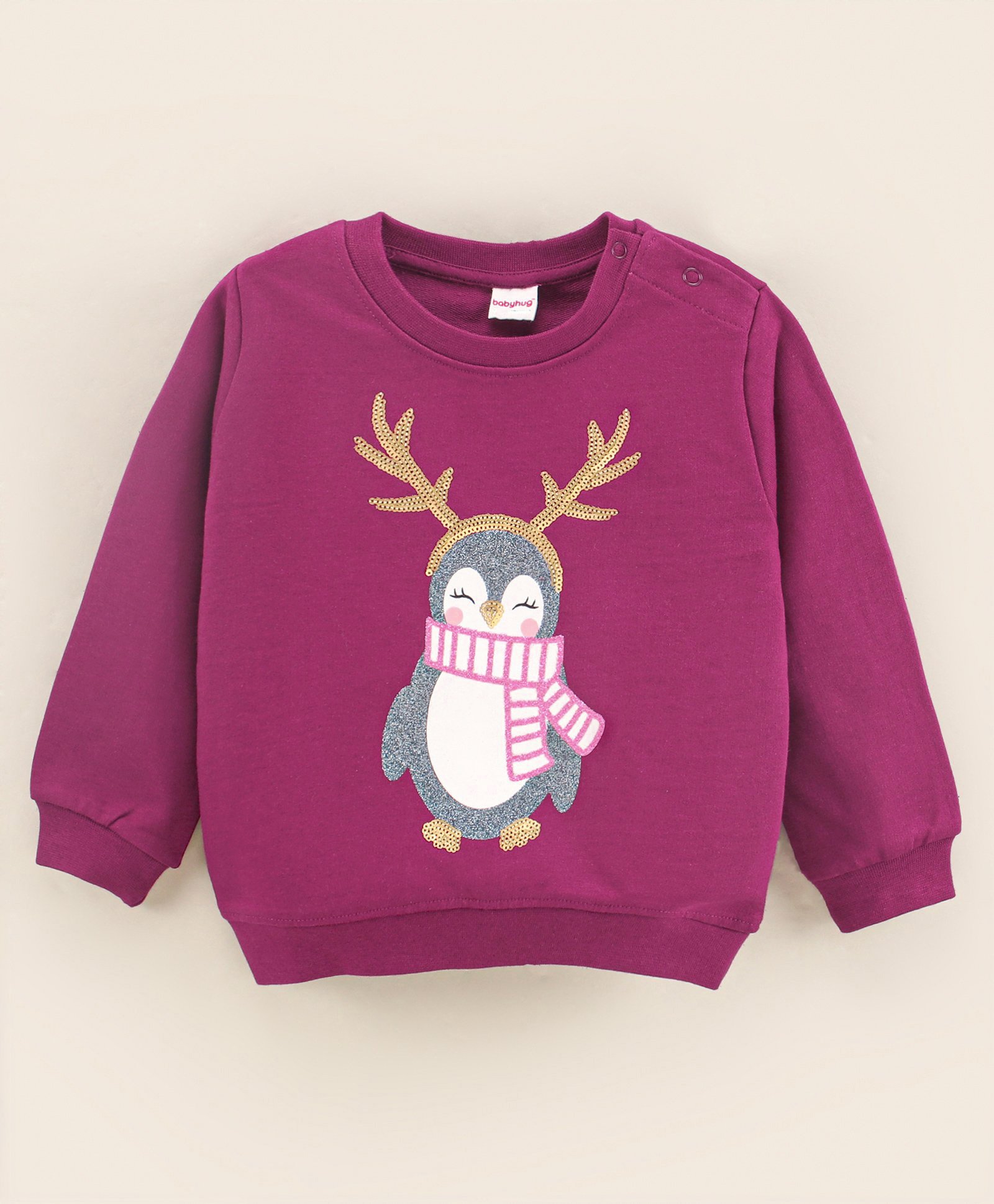 Babyhug Full Sleeves Knit Sweatshirt Penguin Print & Sequin Applique - Violet-image-17