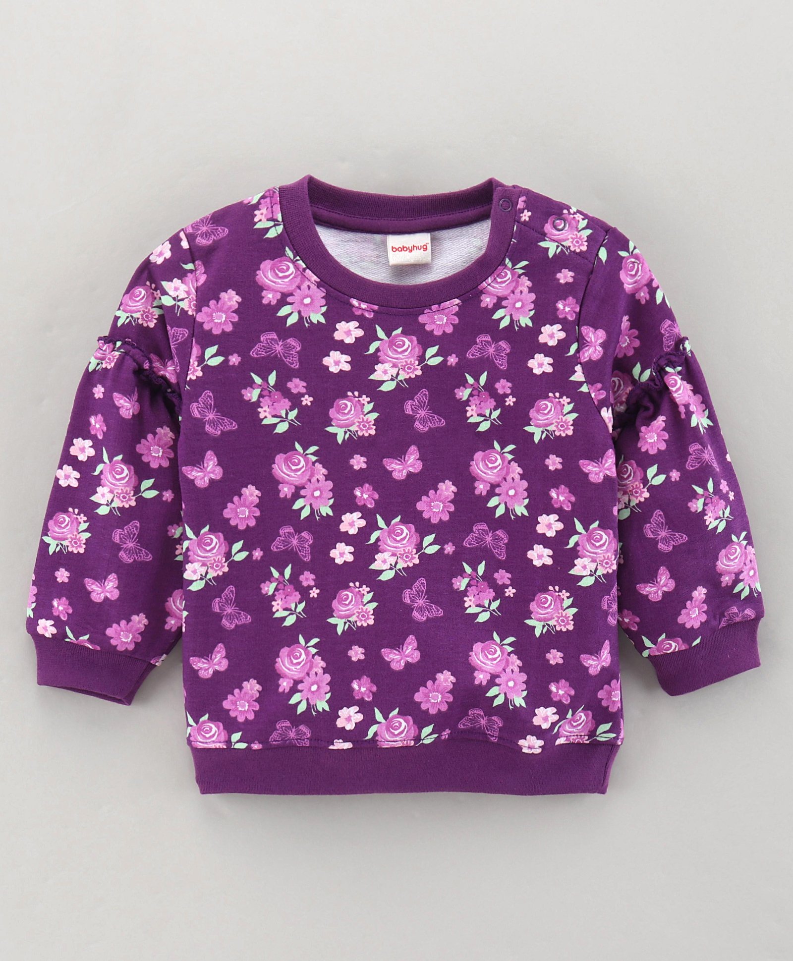 Babyhug Full Sleeve Sweatshirt Floral Print with Frill Detailing - Violet-image-26