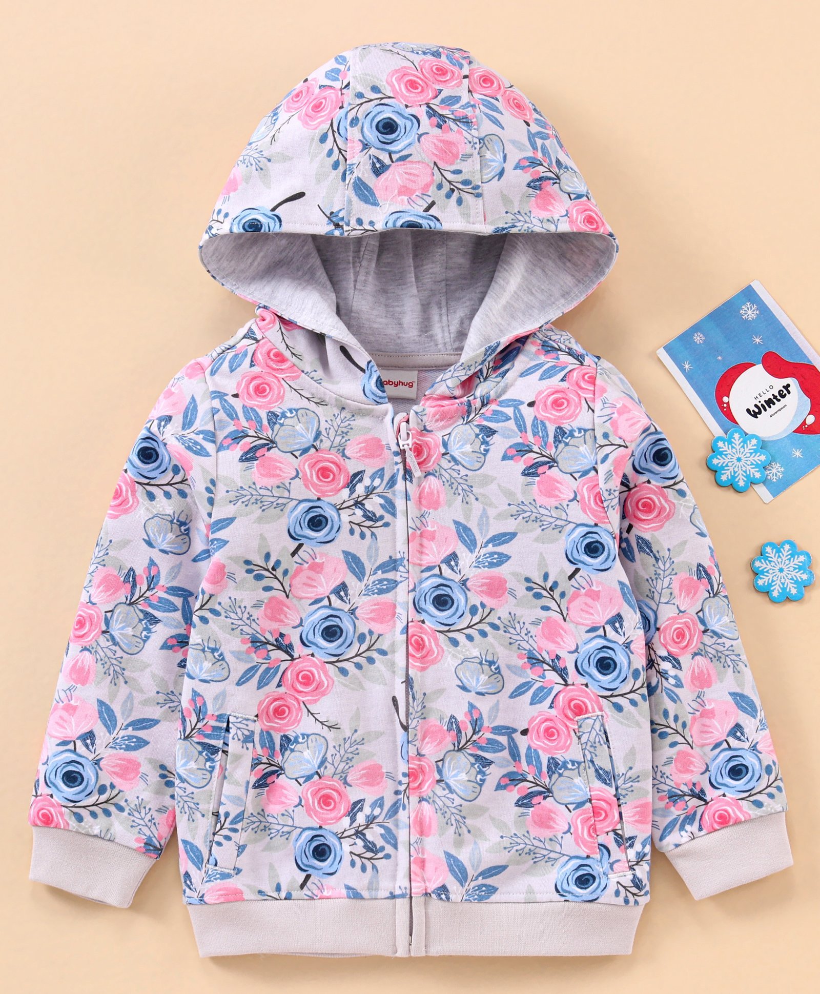 Babyhug Full Sleeves Hooded Sweat Jacket Floral Print - Grey Pink-picture-13