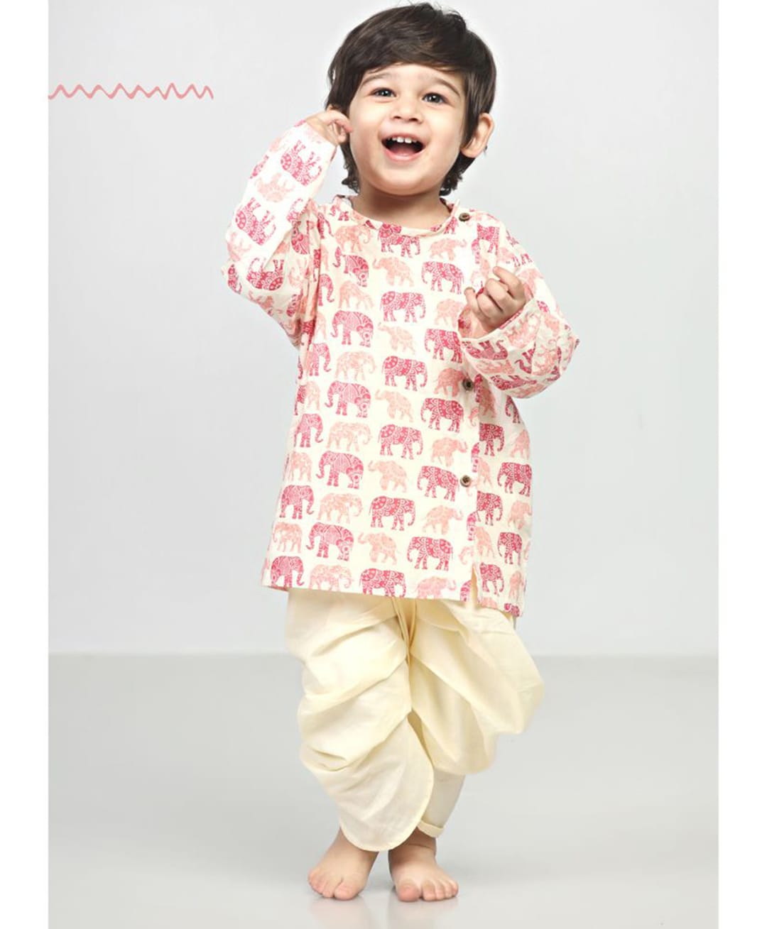 Polka Tots Full Sleeves Elephant Printed Angarkha Kurta With Solid Dhoti - Cream-image-16