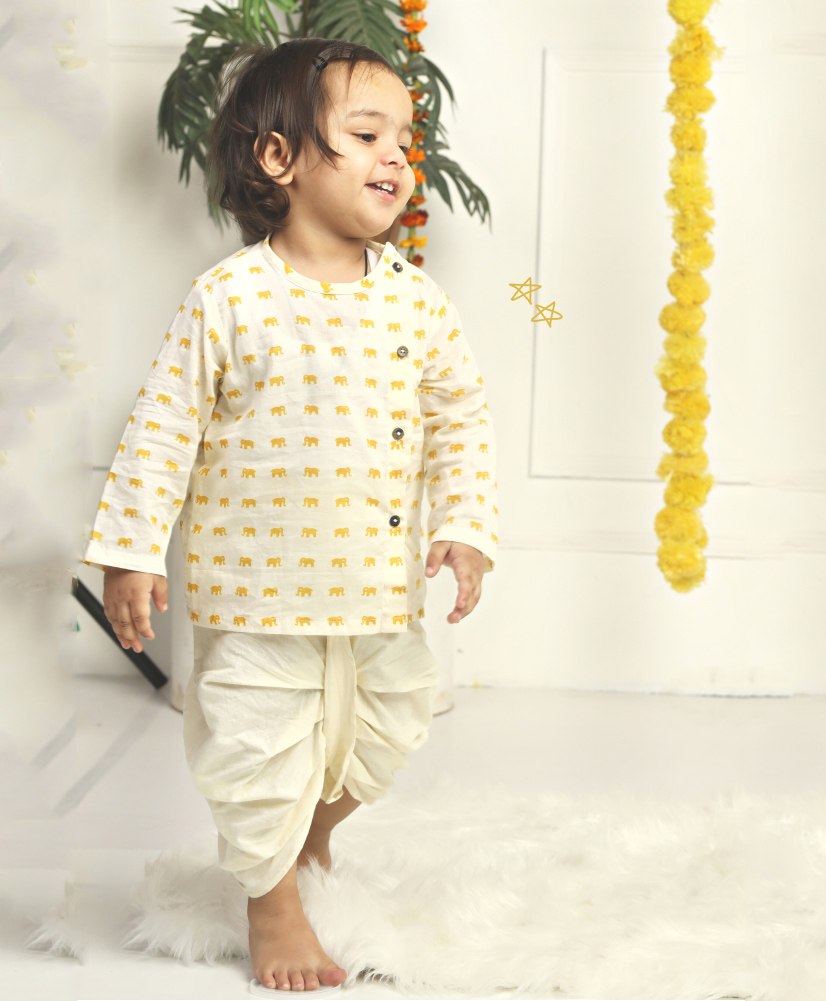 Polka Tots Full Sleeves Elephant Printed Angarkha Kurta With Solid Dhoti - Cream-picture-11