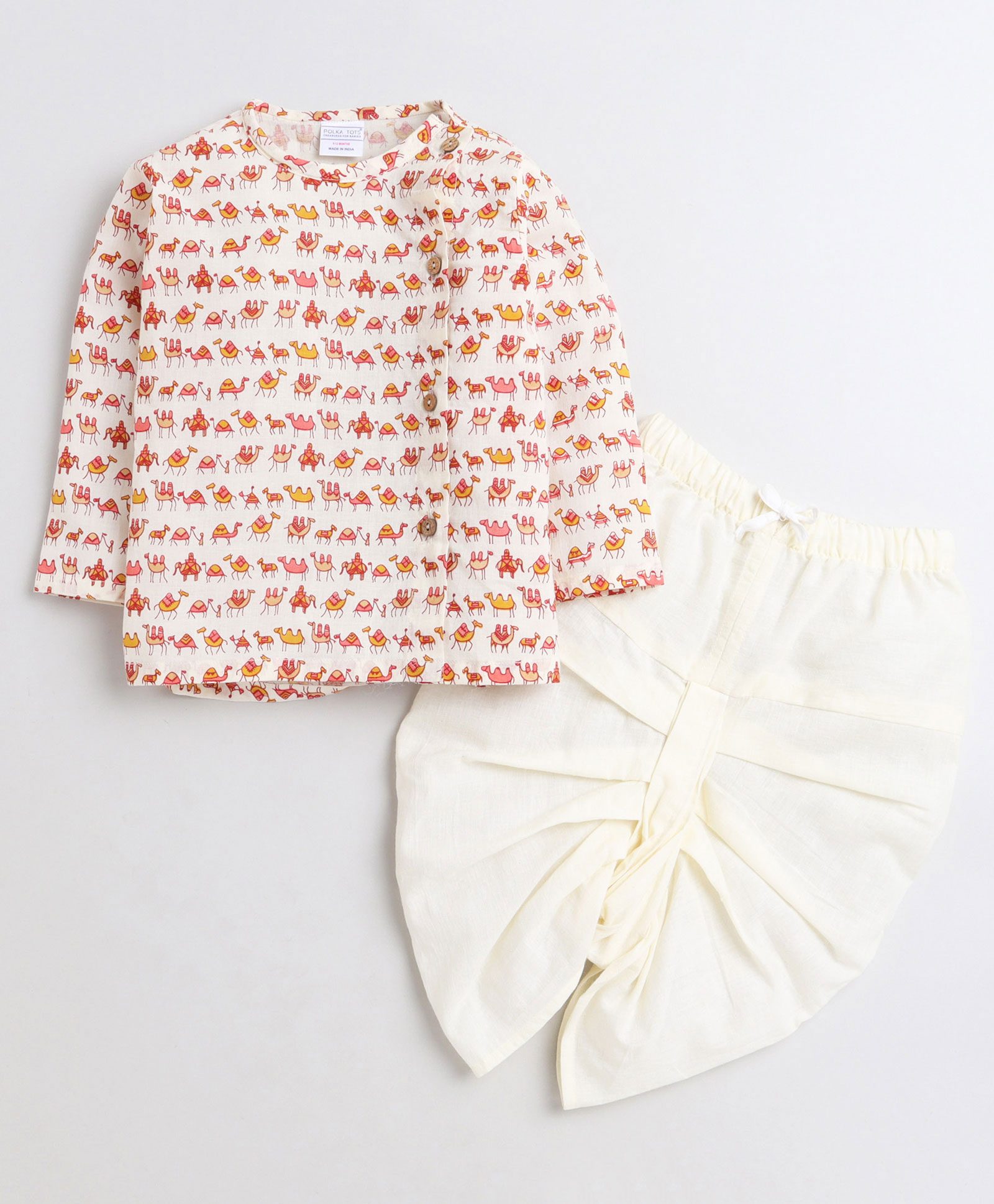 Polka Tots Full Sleeves Camel Printed Angarkha Kurta With Solid Dhoti - Cream-picture-22