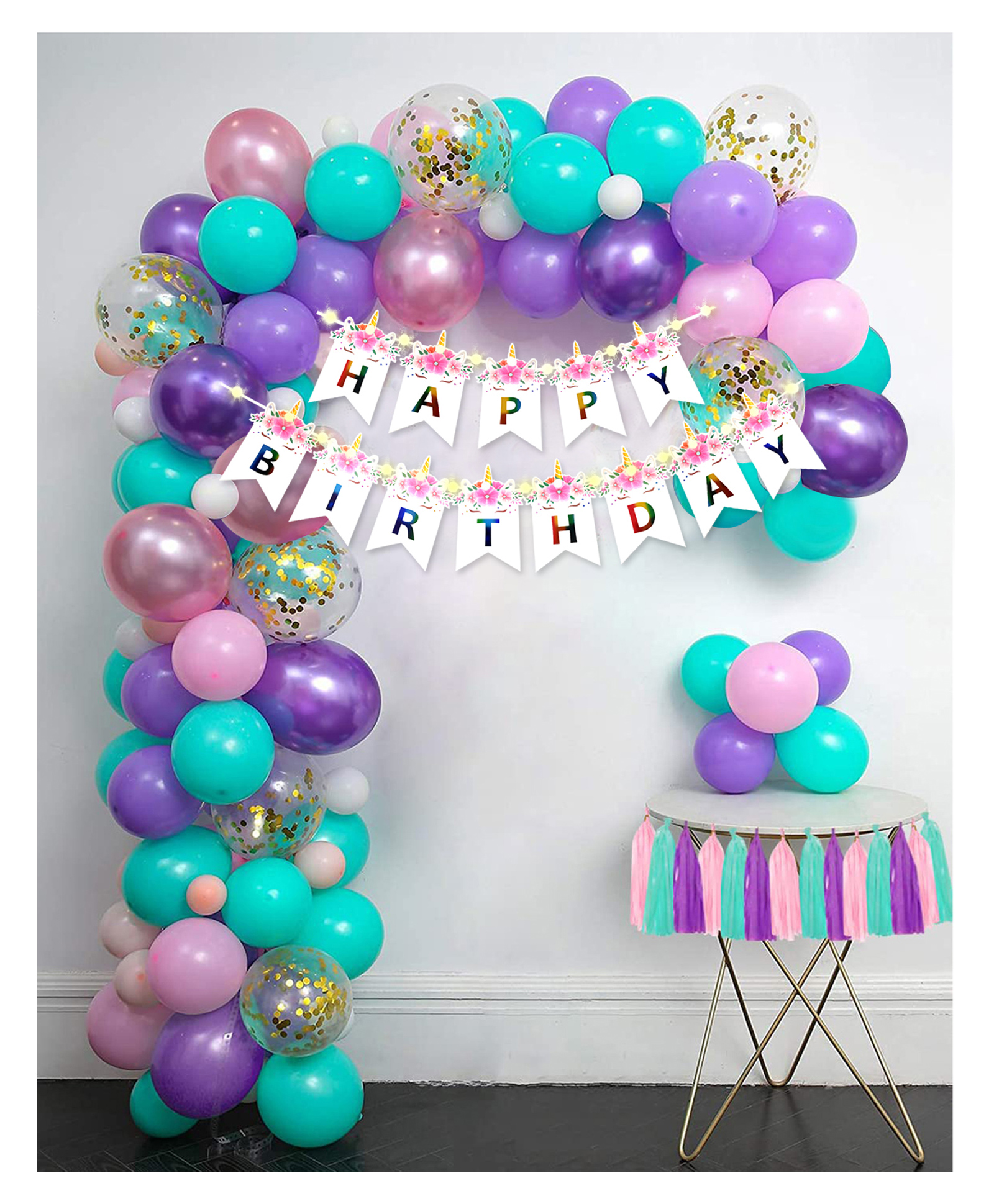 JOHRA (Pack of 97) Birthday Decoration items with Light / Happy Birthday White Banner / Happy Birthday Unicorn Banner / Purple and Pink Birthday Decoration - Purple & Pink-image-33