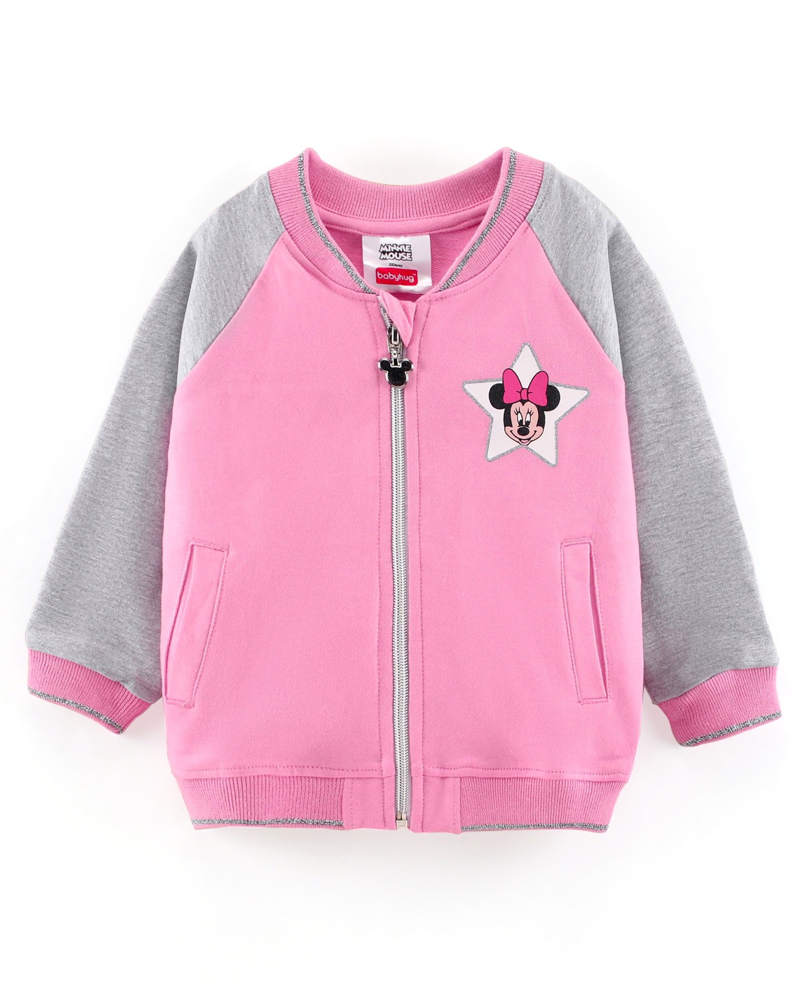 Babyhug Full Sleeves Front Open Sweatshirt Minnie Mouse Graphic - Grey Pink-image-3