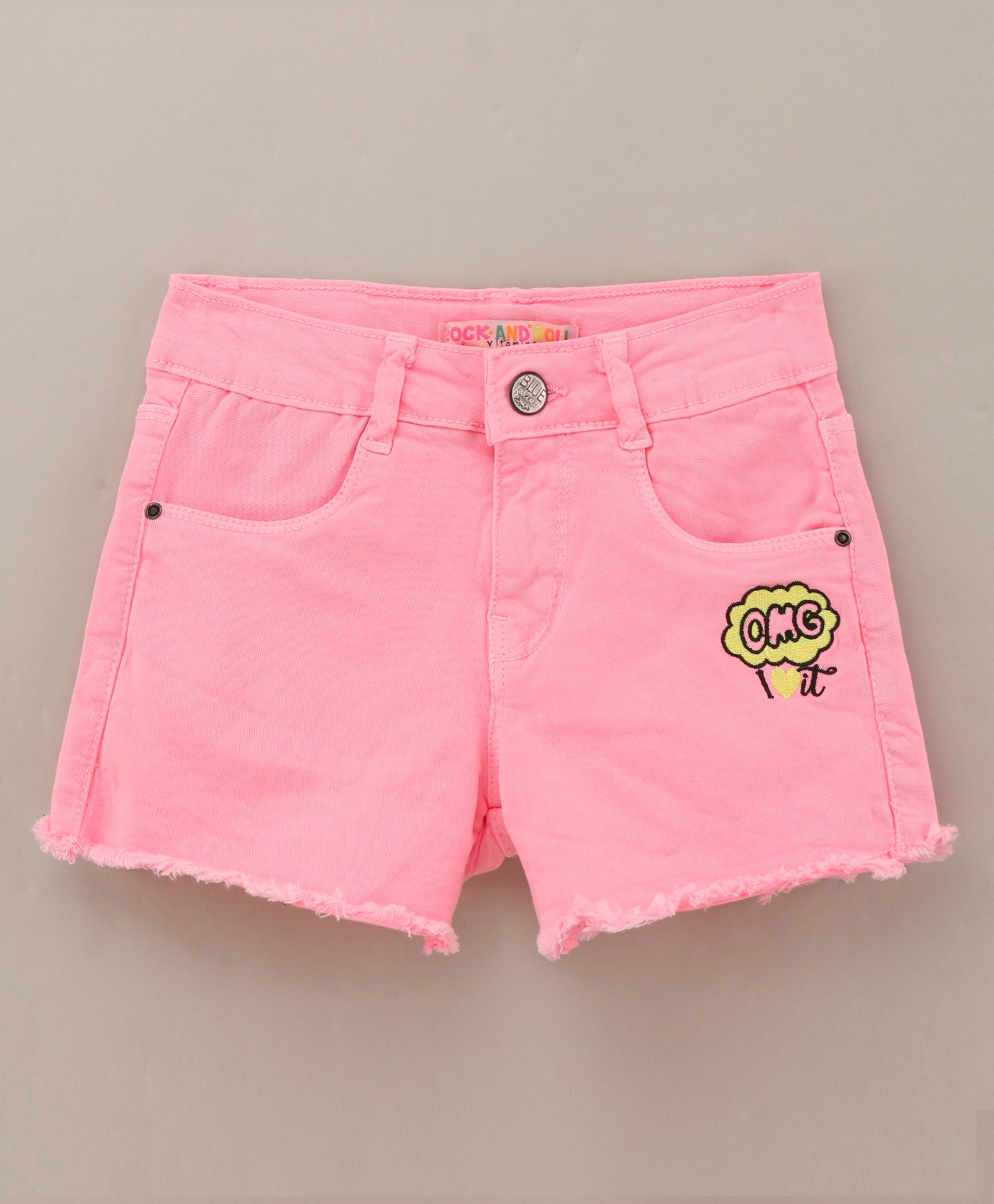 Vitamins Denim Shorts Washed & Embroidered Text Print - Neon Pink-picture-10