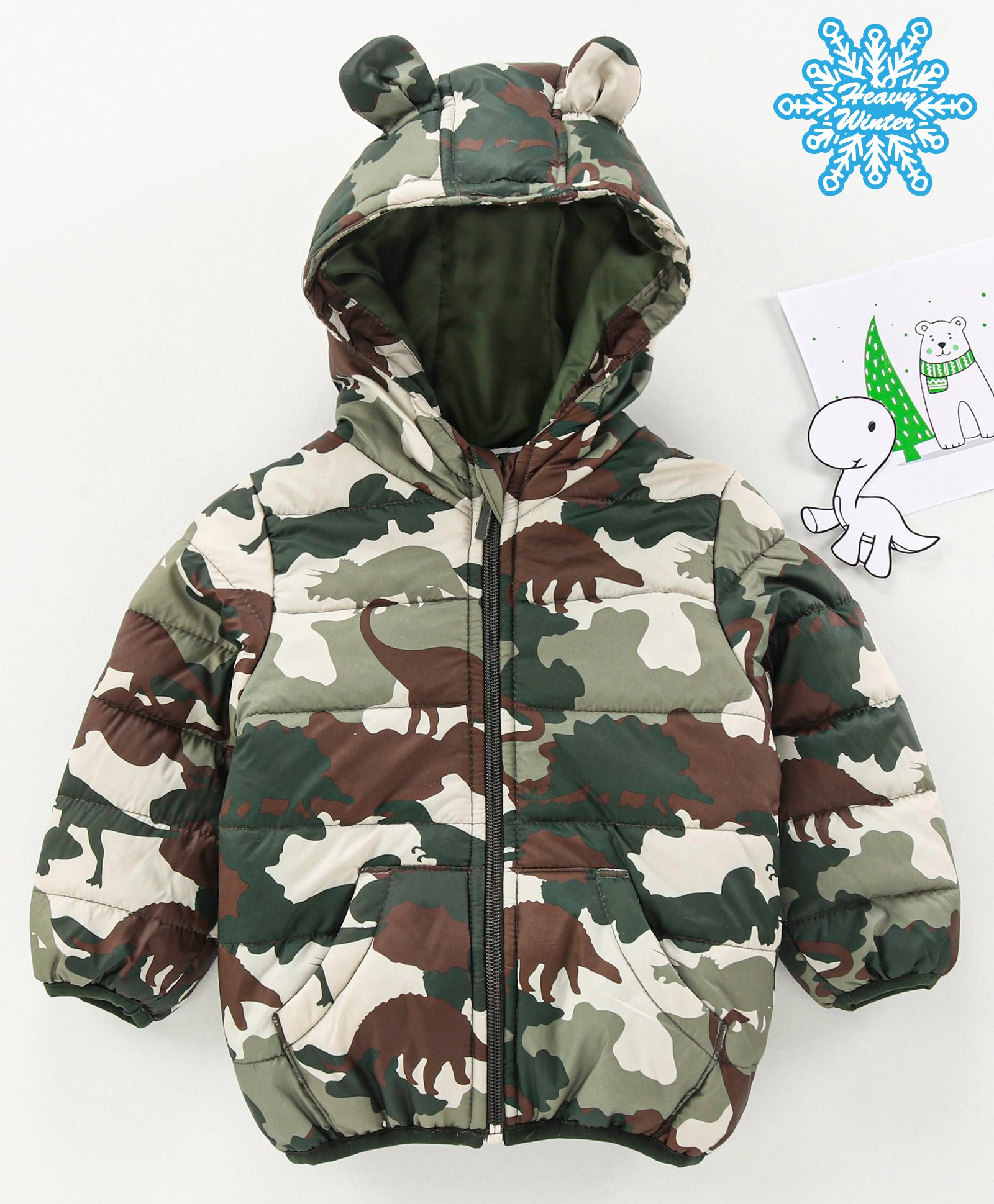Babyhug Full Sleeves Woven Hooded Padded Jacket Dino Print - Green-picture-14