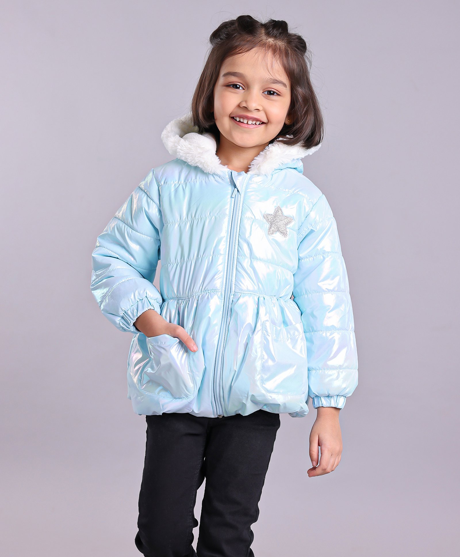 Babyhug Full Sleeves Polyester Hooded Jacket With Shimmer- Blue-image-45