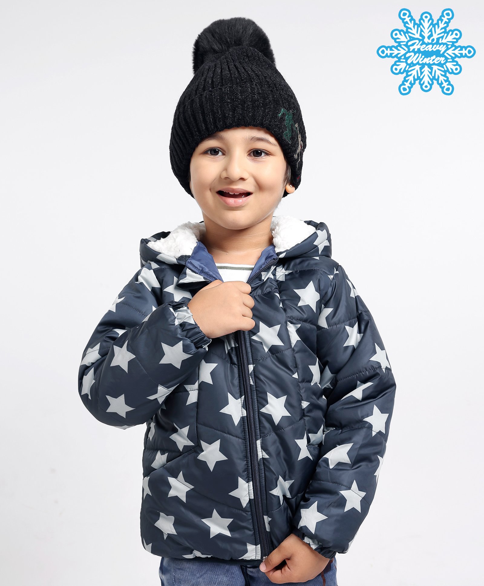 Babyhug Full Sleeves Hooded Fashion Heavy Winter Jacket Star Print - Navy Blue-image-18