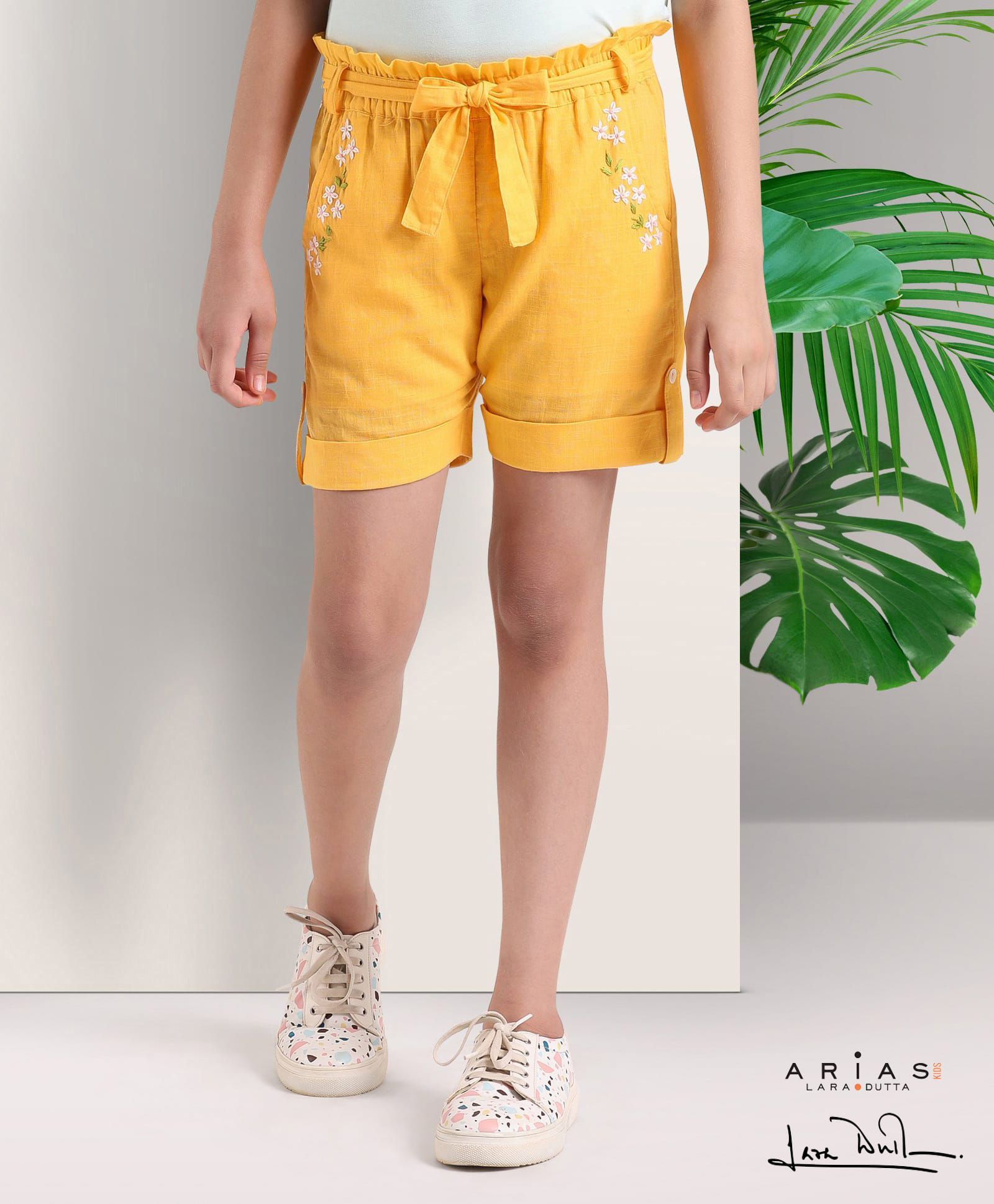 arias by lara dutta Arias Textured Cotton Shorts with embroidery on pocket and paperbag waist with fabric belt. -Yellow-picture-23