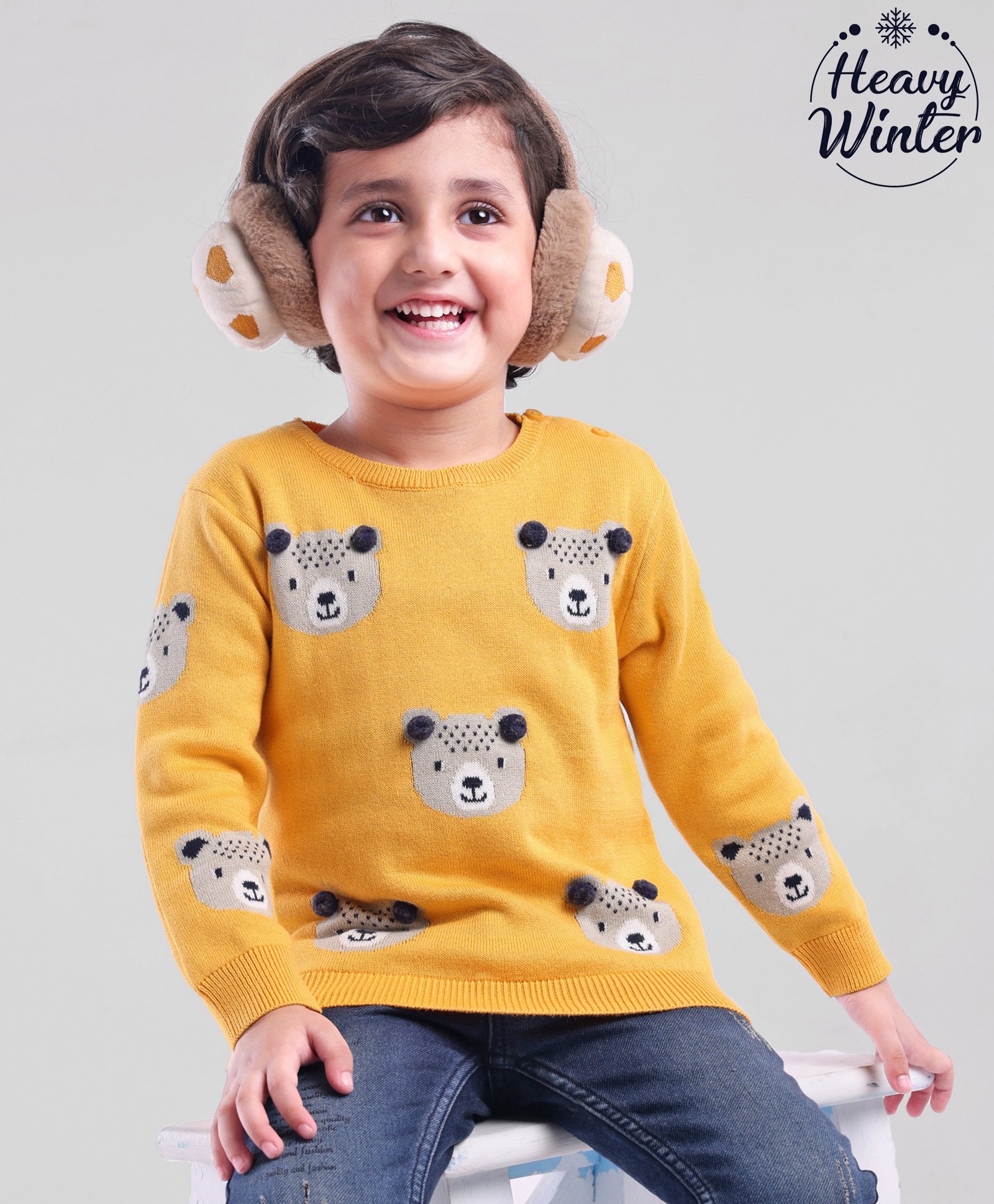 Babyoye 100% Cotton Full Sleeves Pullover Sweater Bear Design - Yellow-image-28