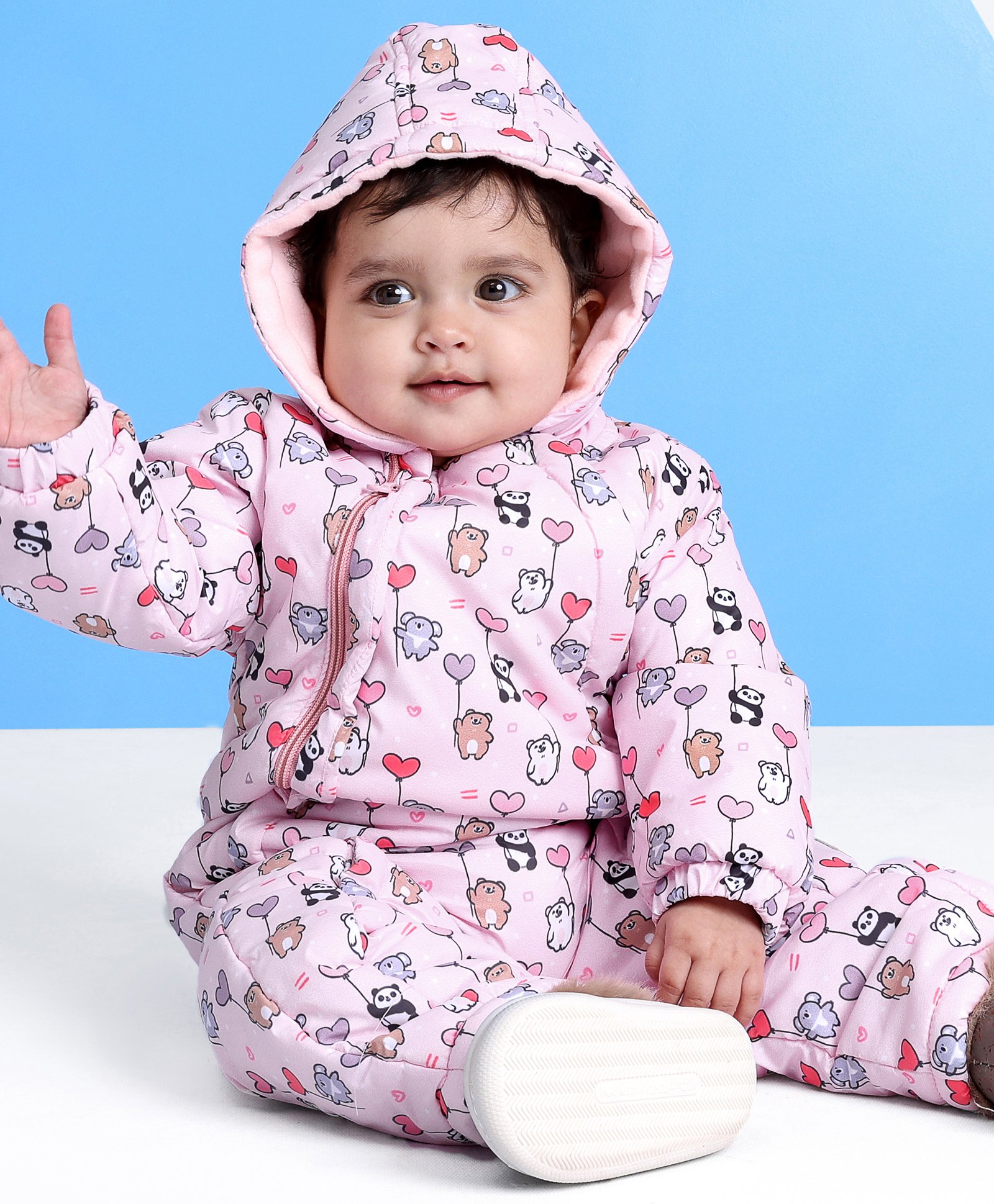 Babyhug Woven Full Sleeves Hooded Rompers Cute Animals Print - Pink-image-36