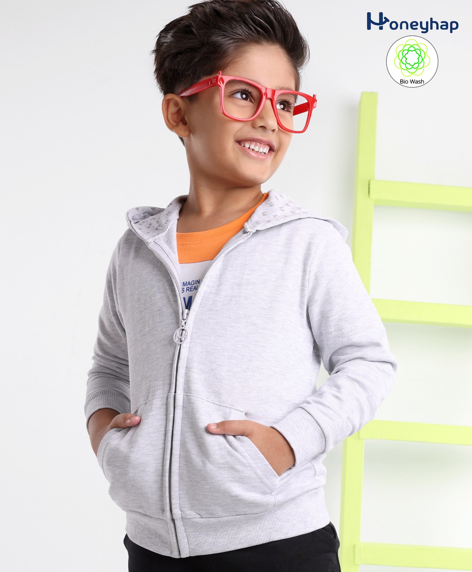 Honeyhap Premium 100% Cotton Terry Full Sleeves Solid Biowashed Hooded Zipper Jacket - Ecru Melange-image-5