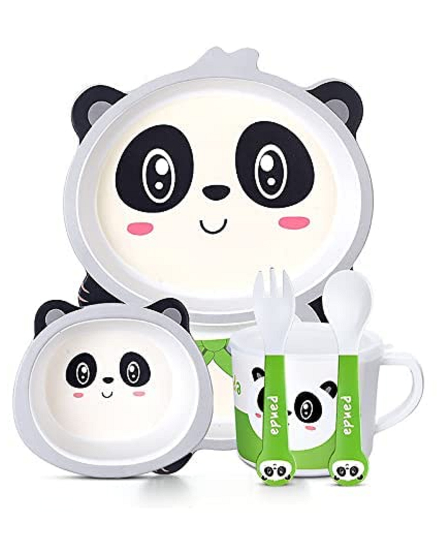 Cartoon Animal Panda Bamboo Fiber Dinnerware Plate and Bowl Set for Kids Toddler Plate Bowl Cup Spoon Fork Eco Friendly Non Toxic Self Feeding Baby Utensil Set of 5 Pcs - White-image-13