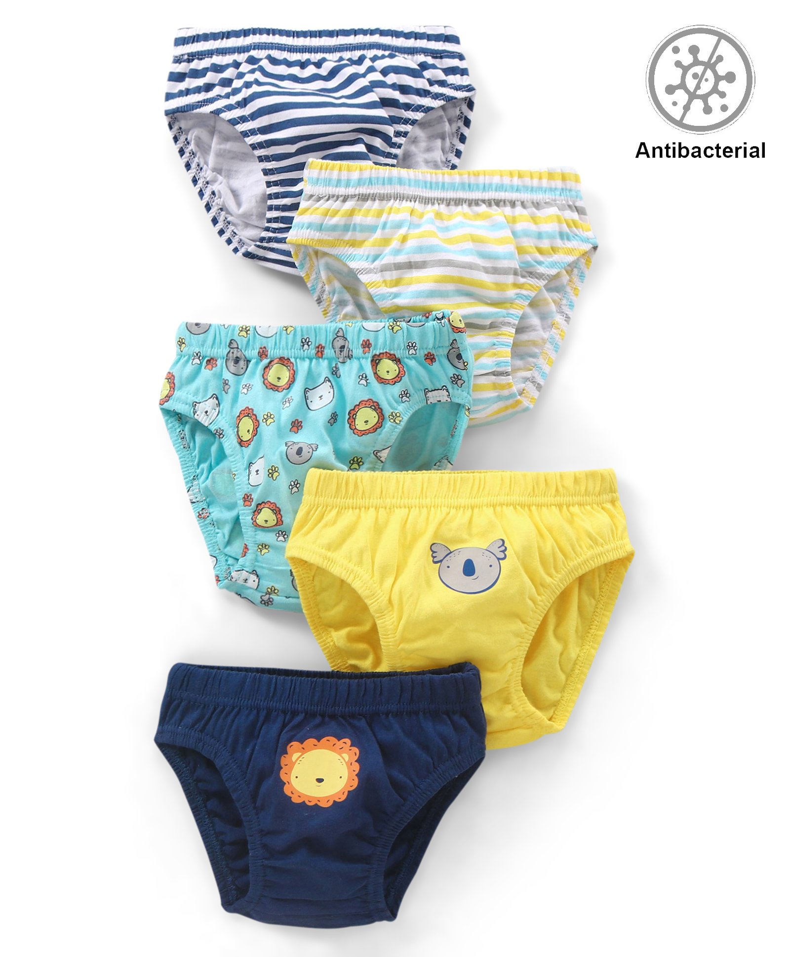 Babyhug  Cotton Knit Antibacterial Animal Print & Striped Briefs Pack of 5 - Multicolour-image-43