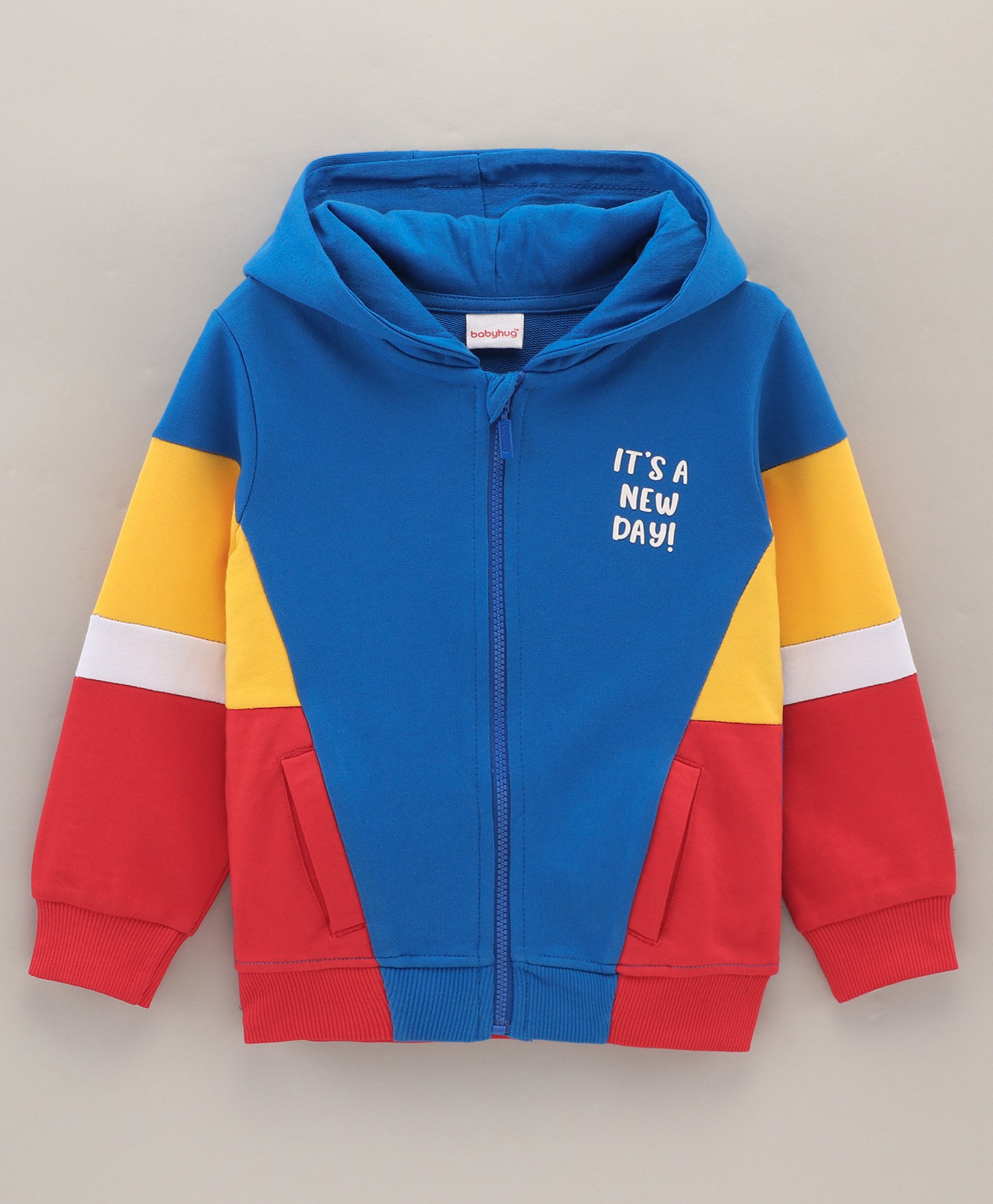 Babyhug Full Sleeves Hooded Cut & Sew Colour Block Sweatjacket with Print - Blue-image-24