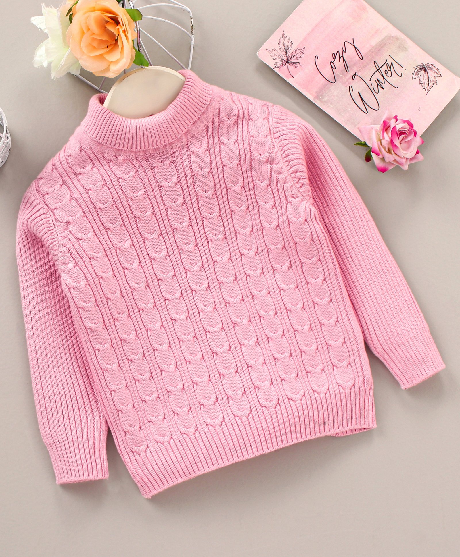 Babyoye 100% Cotton Full Sleeves Cable Knit Design Sweater - Pink-image-23