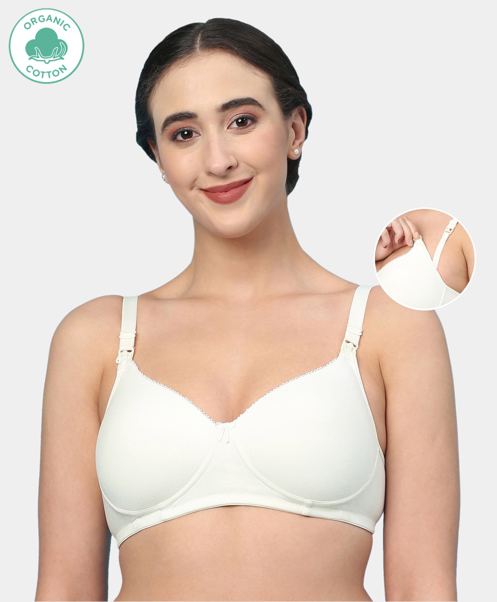 ECOMAMA Organic Cotton & Bamboo Antimicrobial Padded Non Wired Solid Feeding Bra - White-image-13