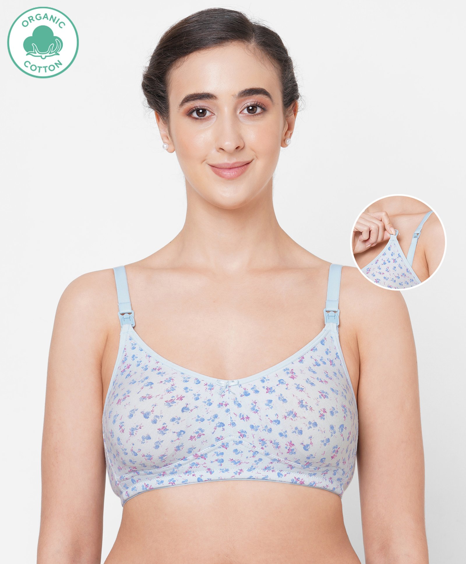 ECOMAMA Organic Cotton & Bamboo Antimicrobial Nursing Bra with Removable Pads Floral Print - Light Blue-picture-19