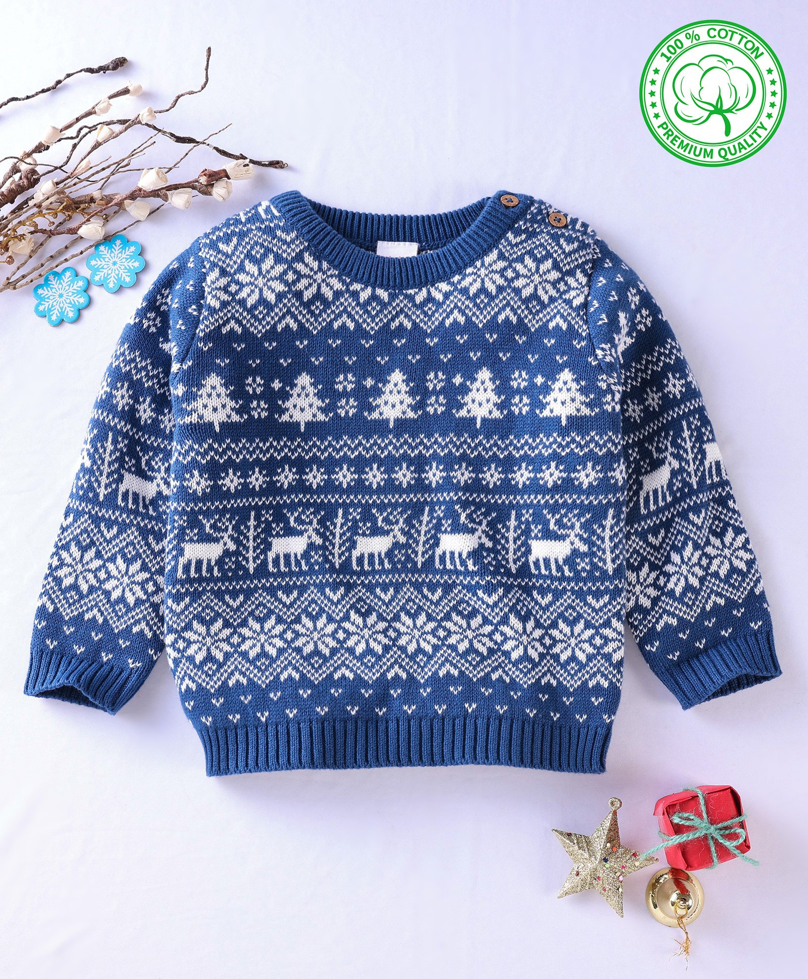 Babyhug 100% Organic Cotton Full Sleeves Pullovers Intarsia Design - Navy Blue-image-14
