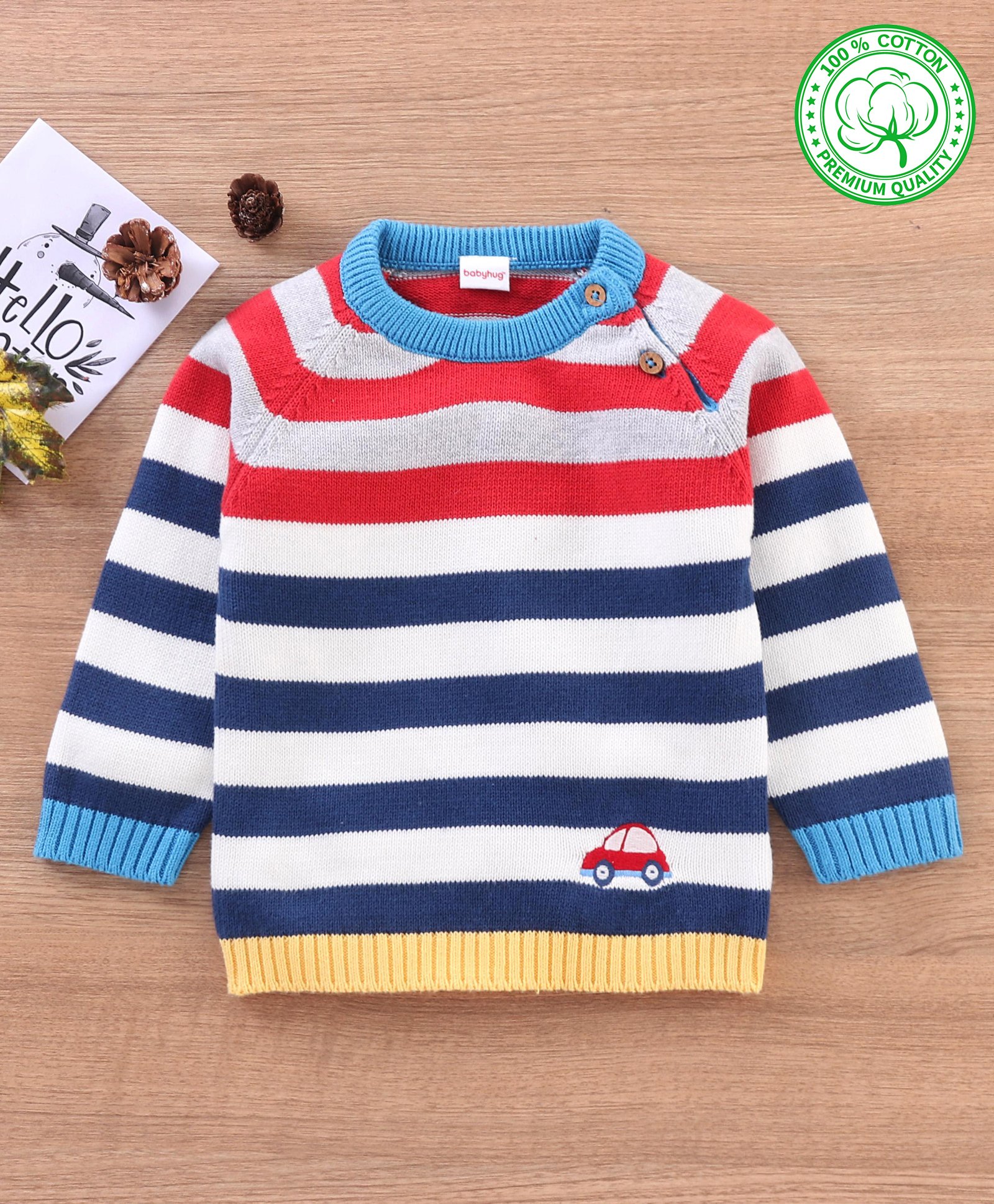 Babyhug 100% Organic Cotton Full Sleeves Striped Pullover - Multicolor