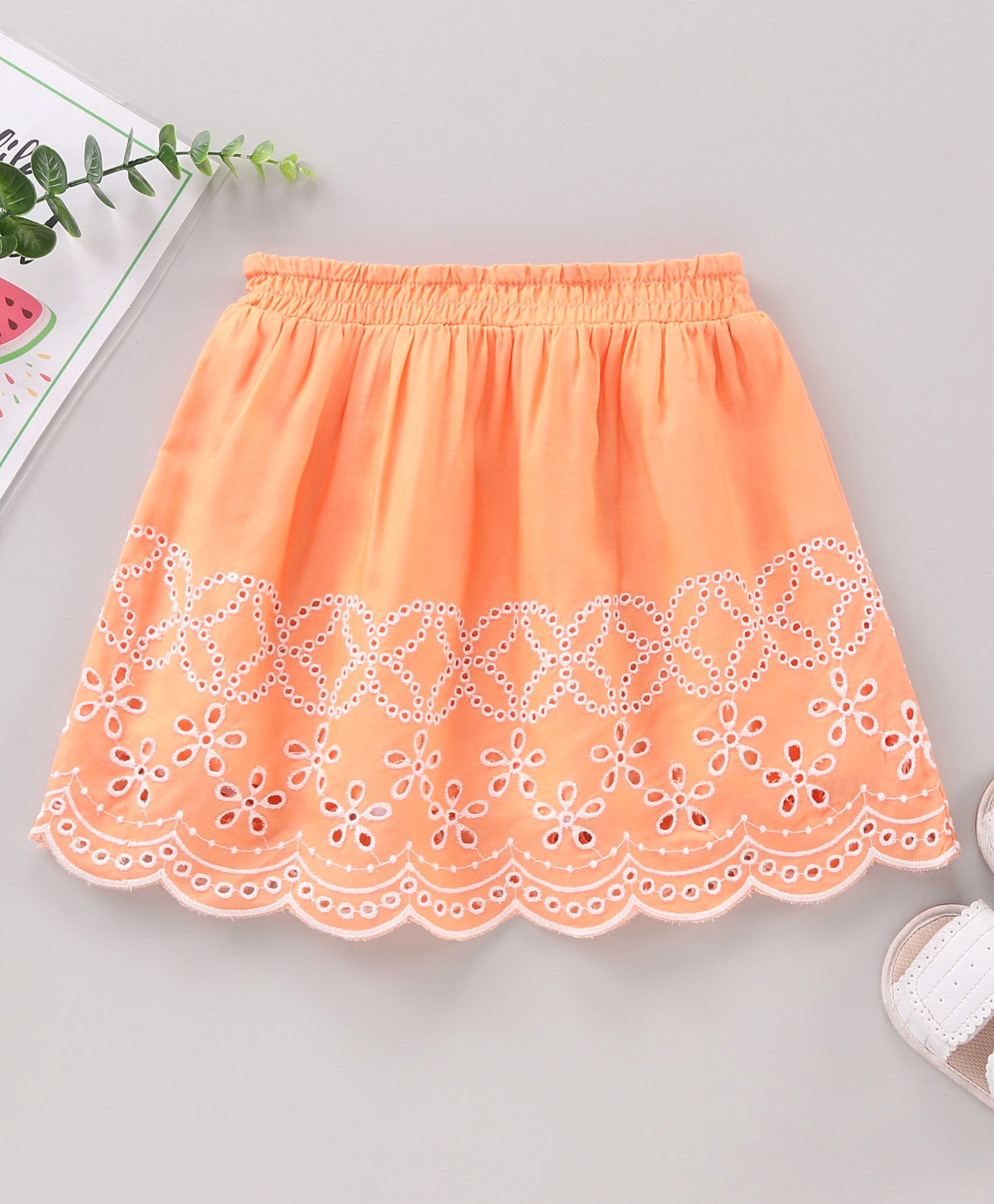 Babyhug Cotton Skirt With Lining & Schiffli Design Solid- Orange-image-6