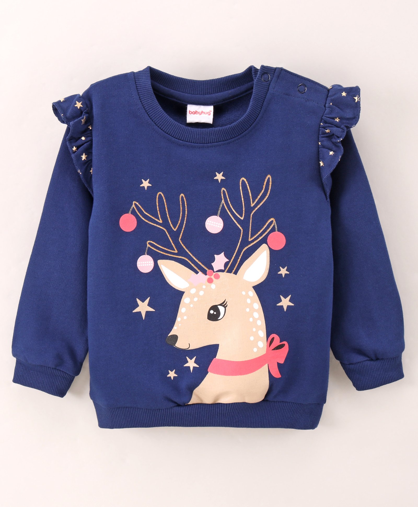 Babyhug Full Sleeves Sweatshirt With frill and Deer Print Along With Sequence - Blue-image-47