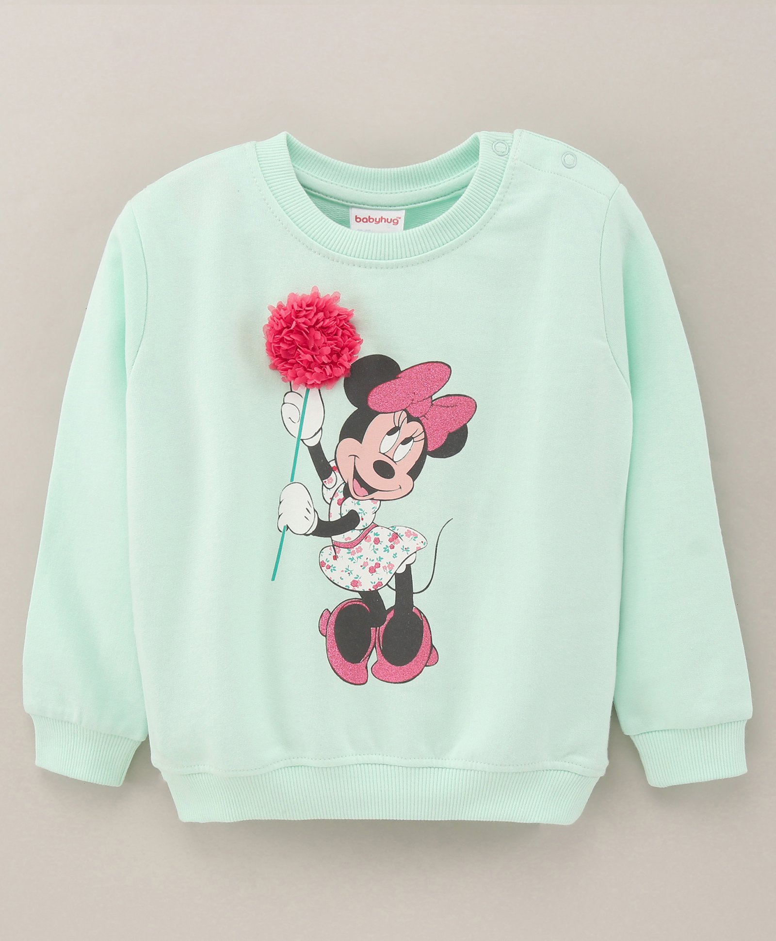 Babyhug Full Sleeves Sweatshirt With Minnie Mouse Print & Petal Embroidery - Light Green-image-40