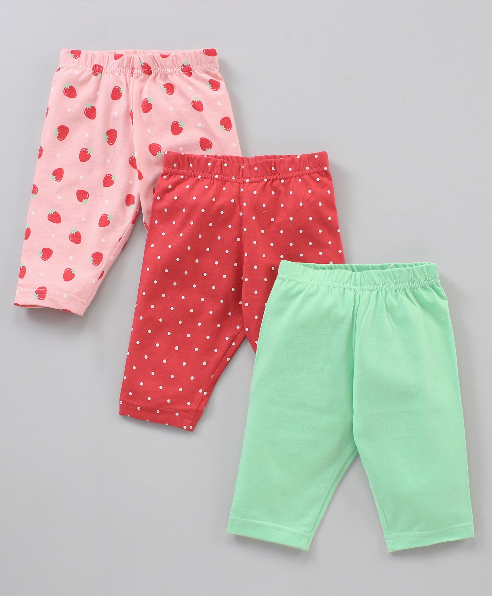 Babyhug Cotton Knit Three Fourth Length Leggings Solid & Strawberry Printed Pack Of 3 - Multicolour-image-7