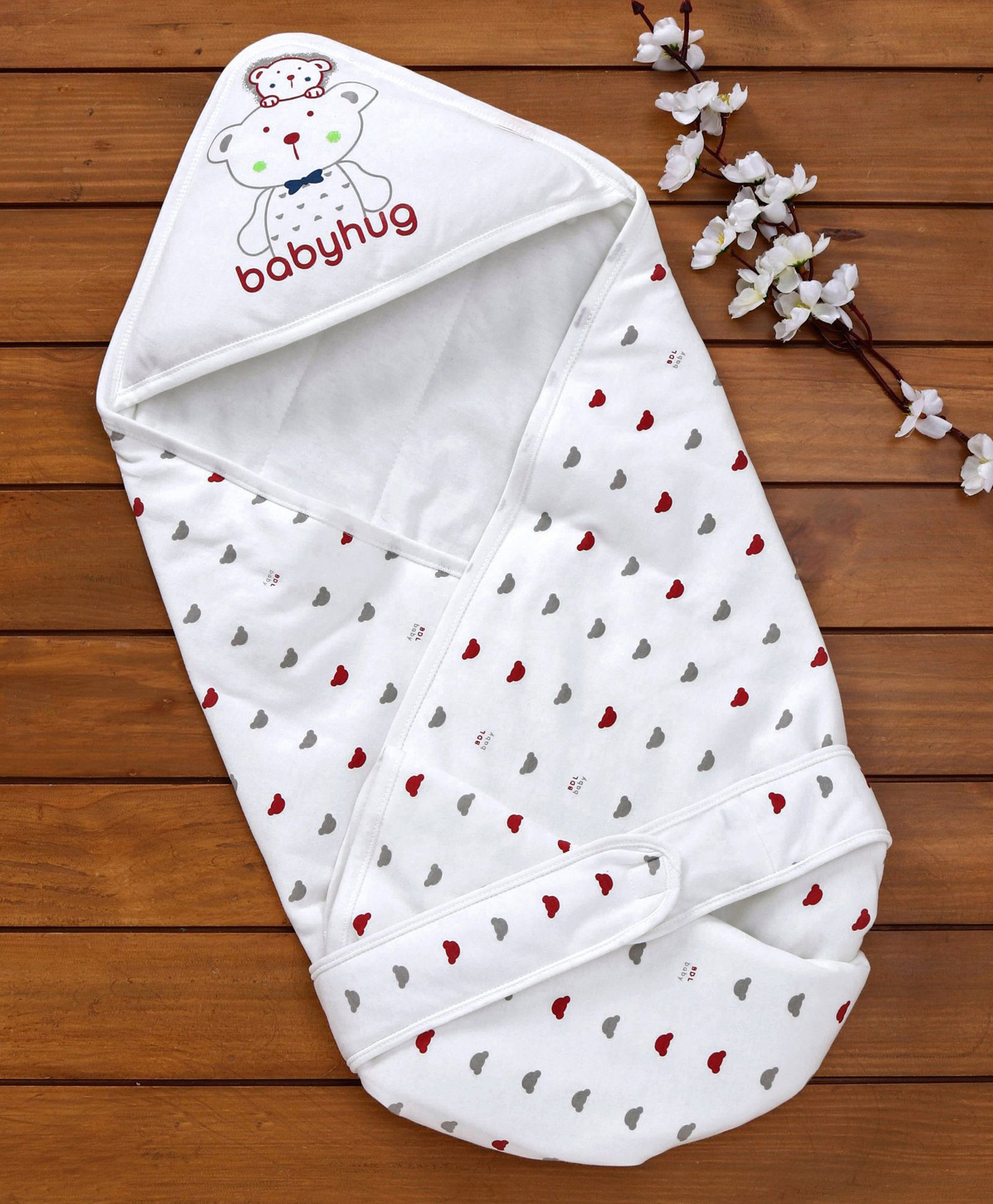 Babyhug Hooded Wrapper Bear Print - Red & White-image-45