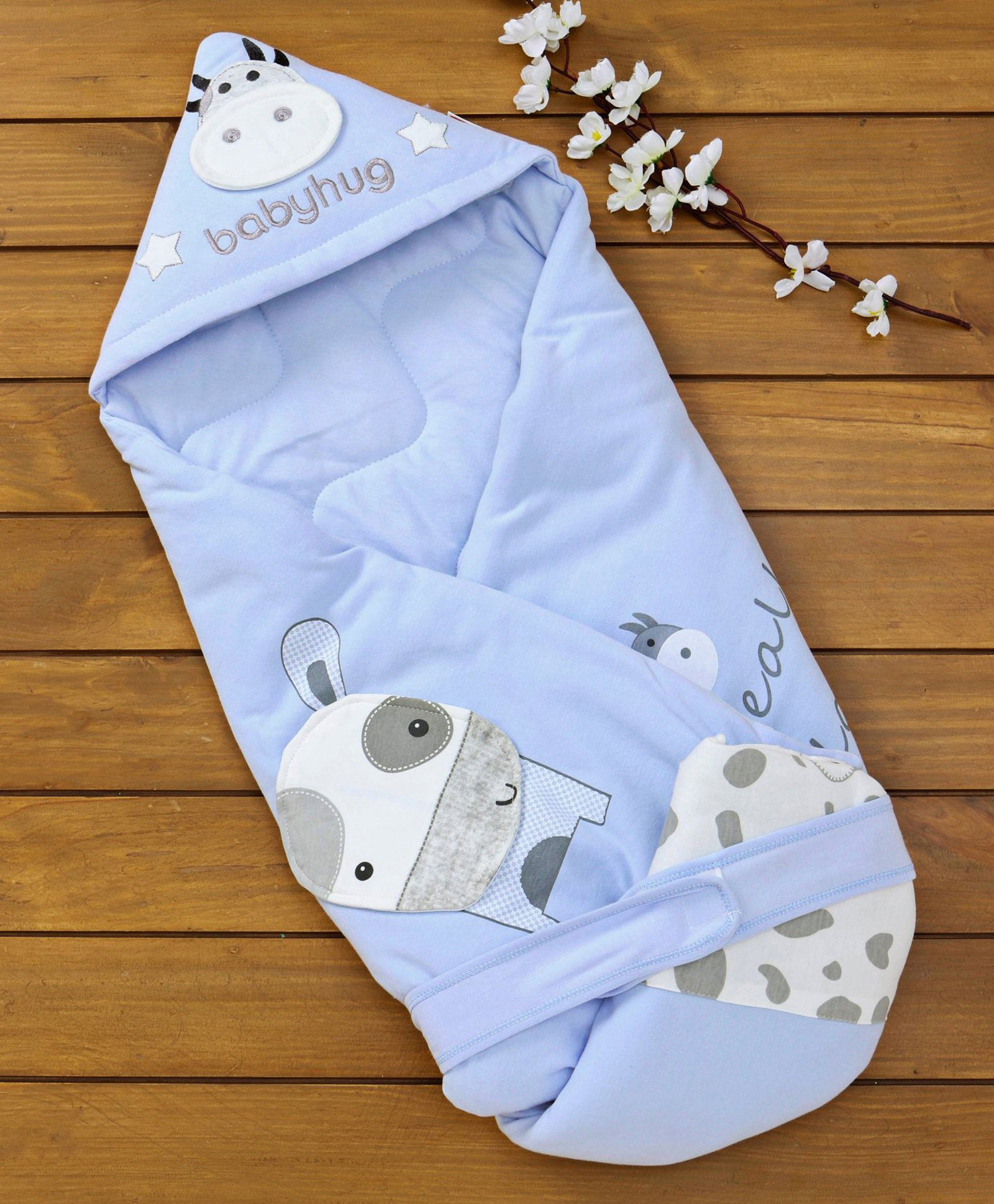 Babyhug Hooded Wrapper Cow Applique - Blue-image-12
