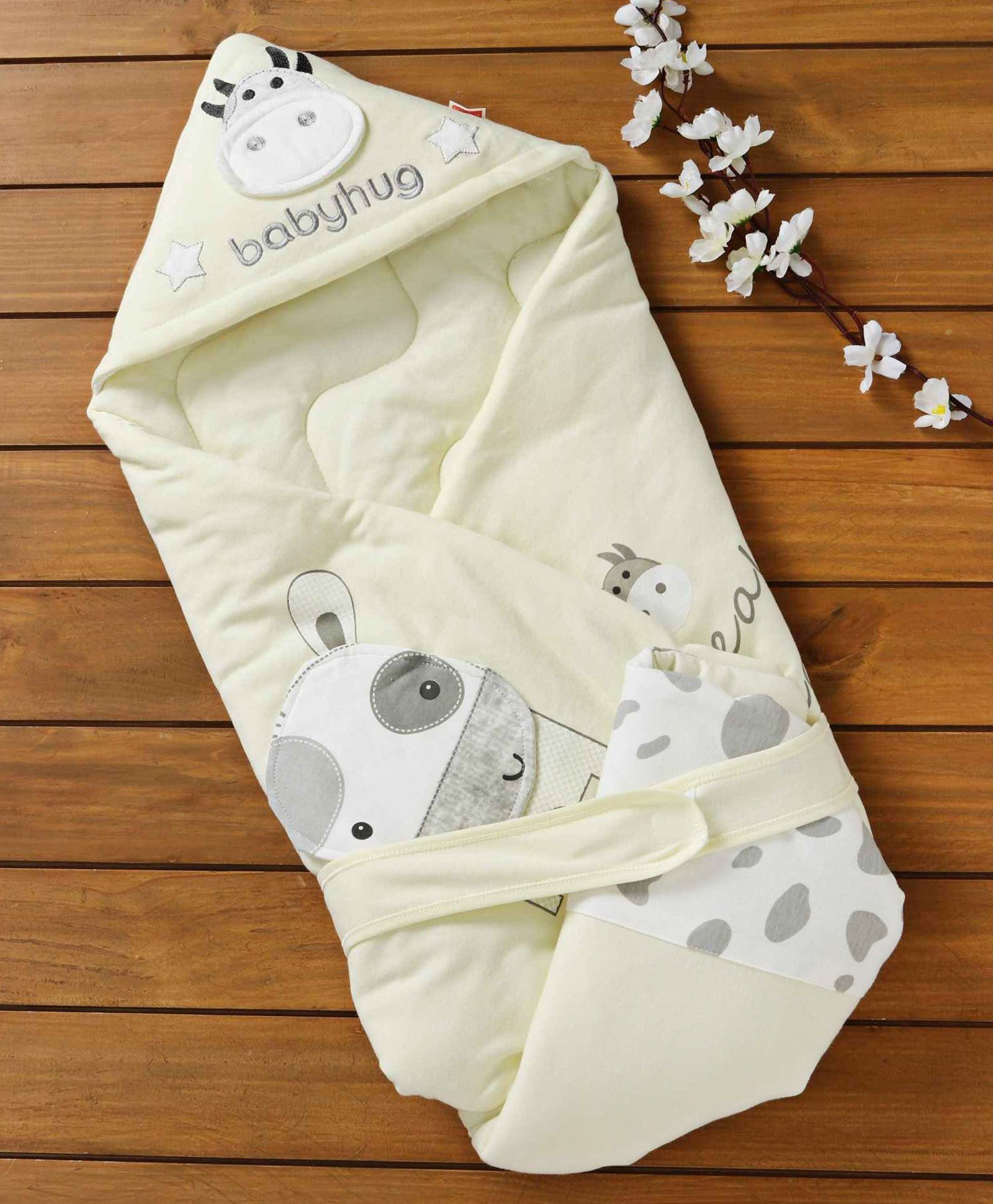 Babyhug Hooded Wrapper Cow Applique - Yellow-image-24