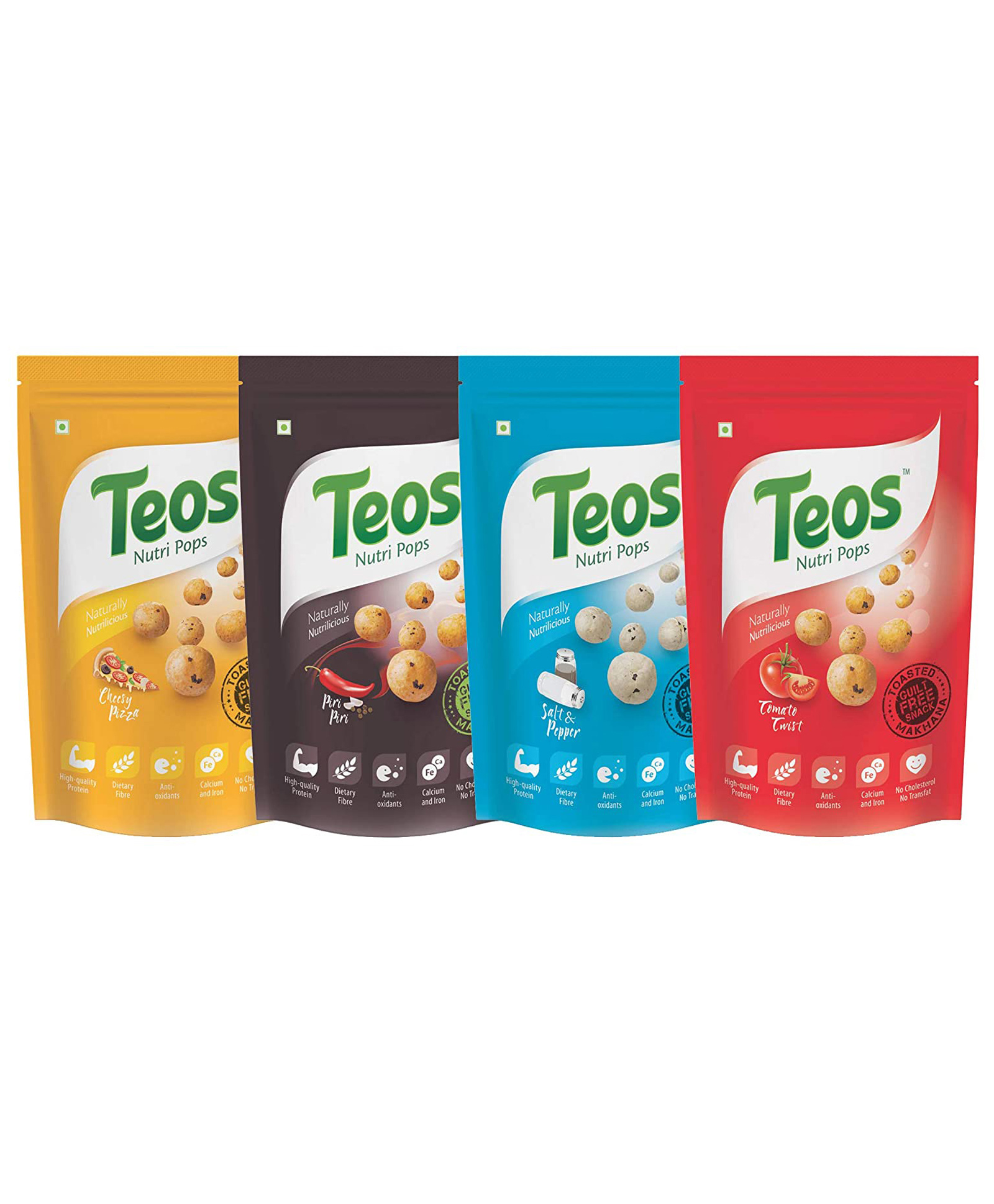 Teos Nutri Pops Roasted Makhana Cheesy Pizza Piri Piri Salt & Pepper & Tomato Twist Pack of 4 - 280 g-image-9