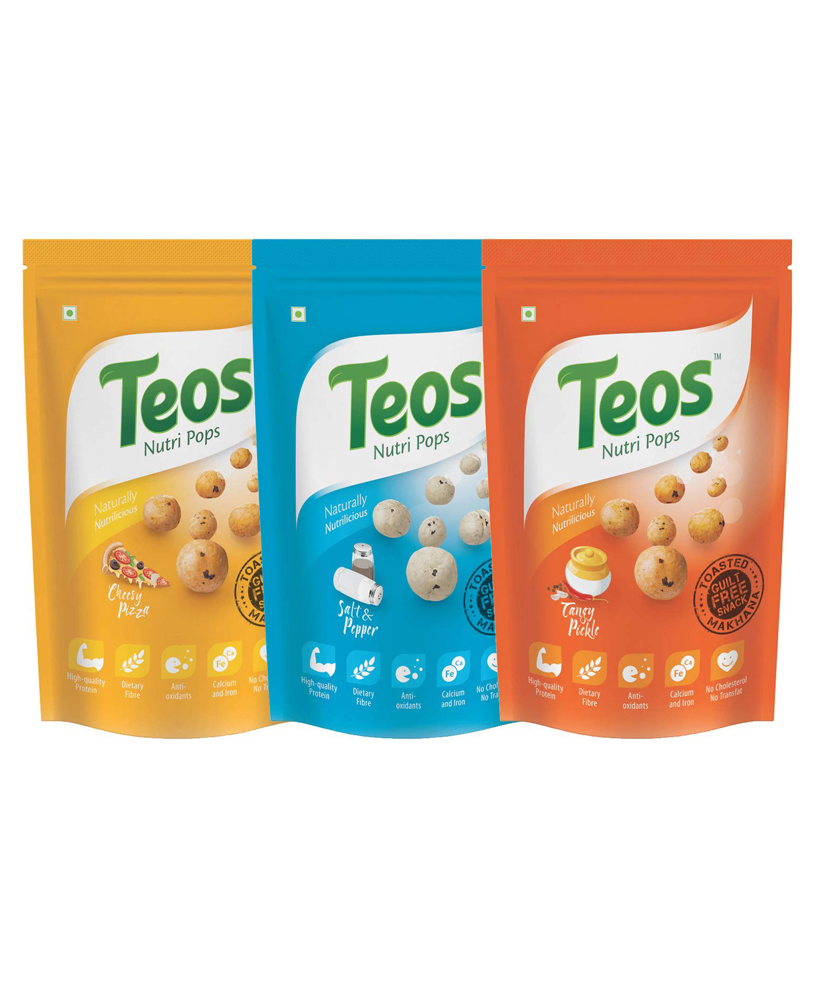 Teos Nutri Pops Roasted Makhana Cheesy Pizza Salt & Pepper & Tangy Pickle (3 x 70 g)-image-8