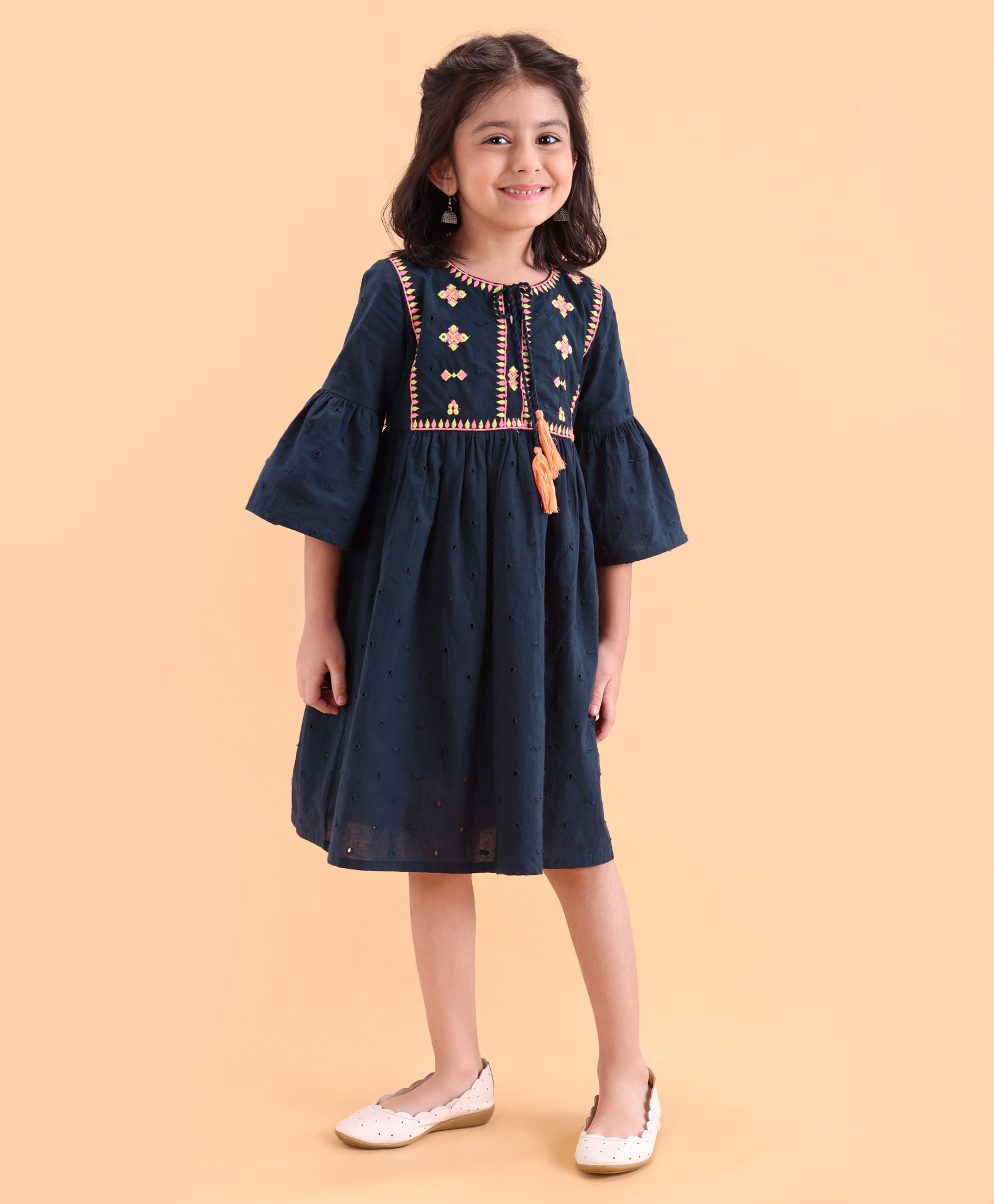 Babyhug Woven Three Fourth Embroidered Ethnic Dress - Navy-image-19