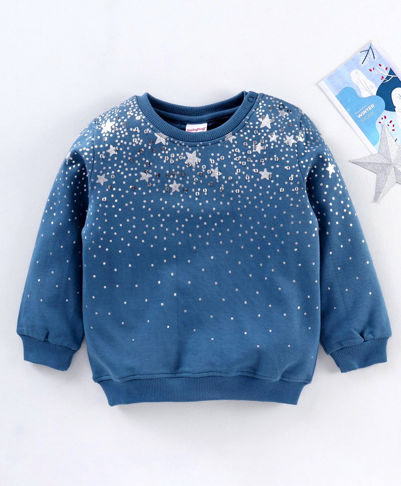 Babyhug Cotton Knit Full Sleeves Sweatshirt With Glitter Stars Print & Sequins Detailing - Teal Blue-picture-25