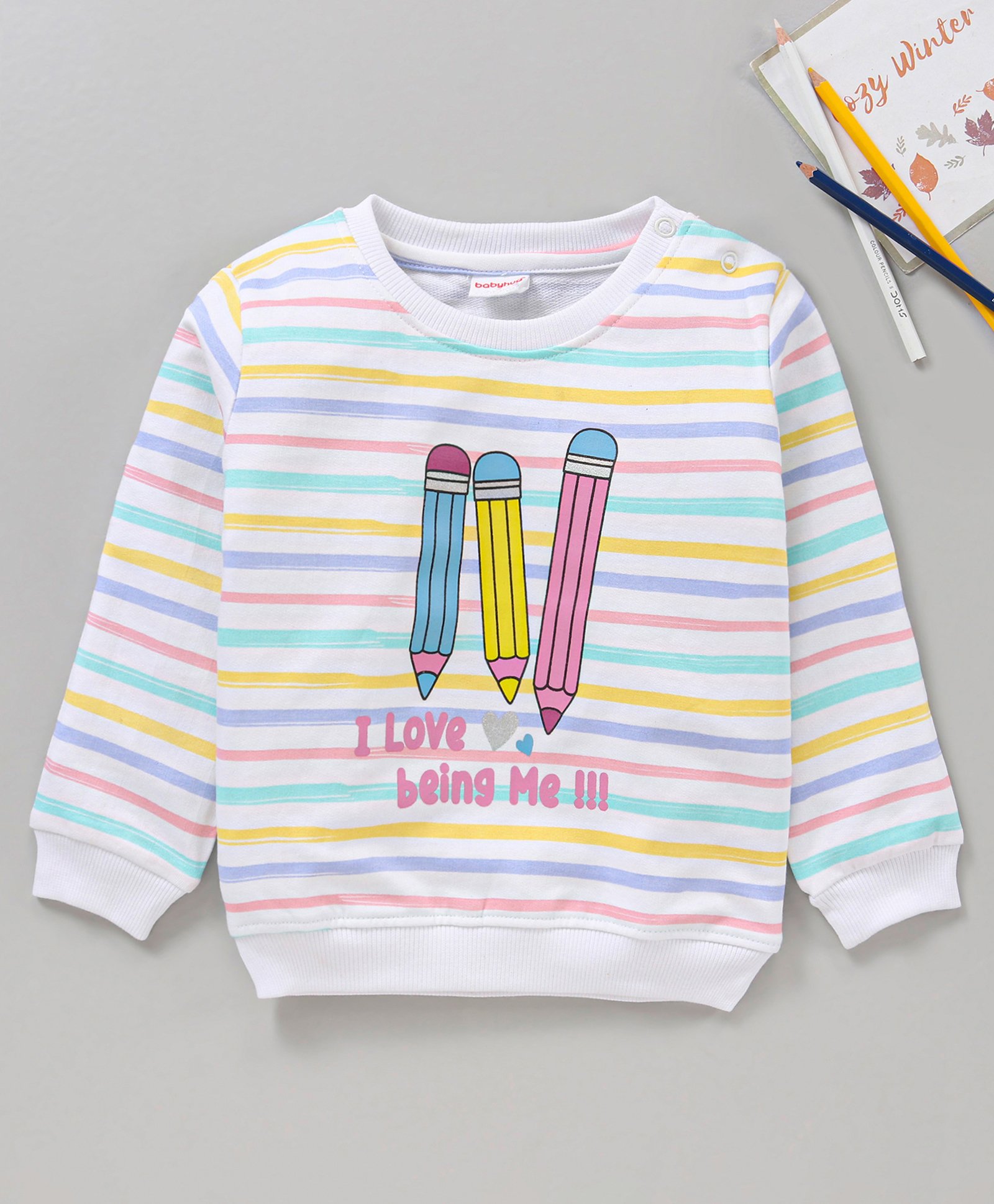 Babyhug Cotton Knit Full Sleeves Striped & Text Printed Sweatshirt - White-image-41
