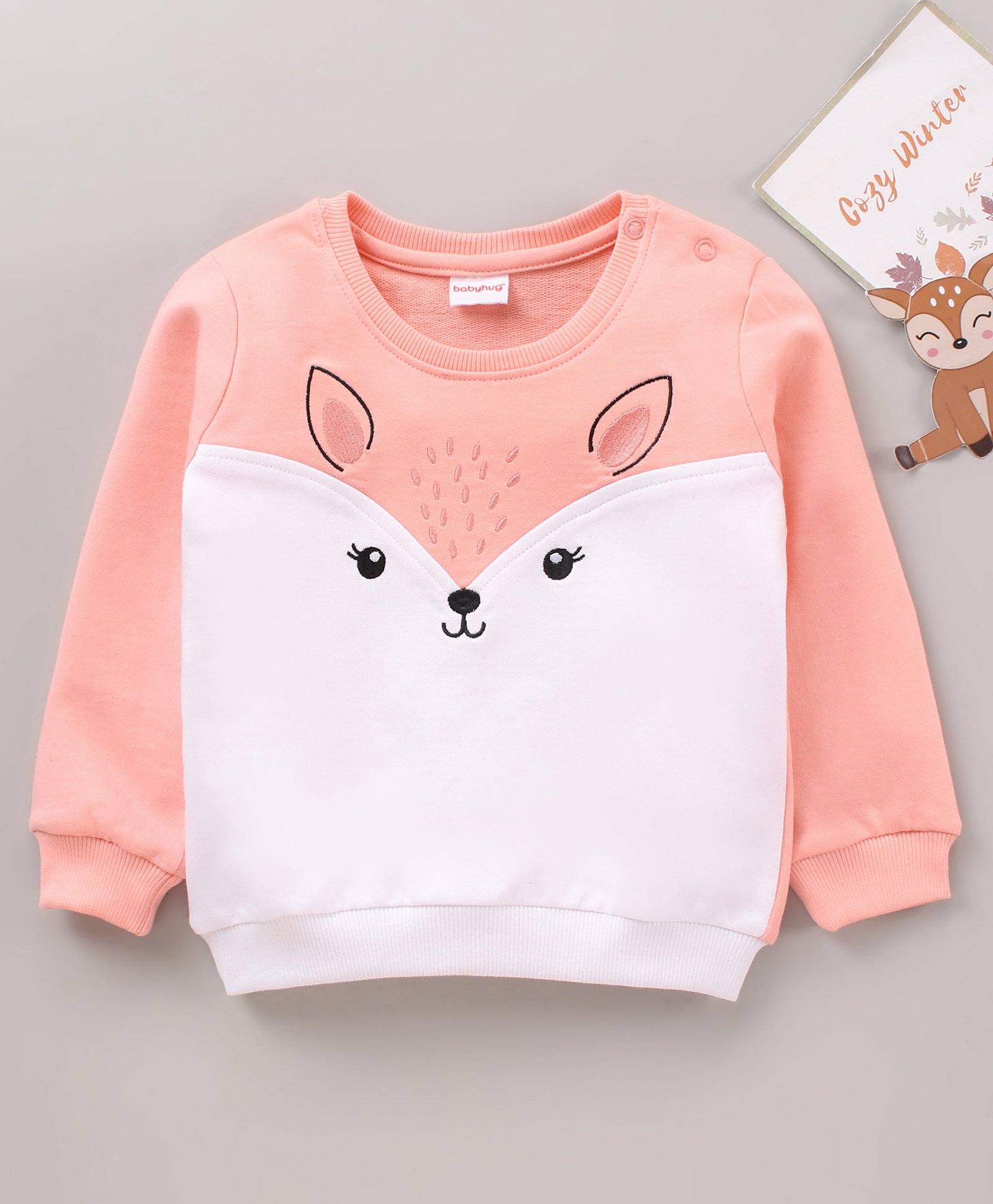 Babyhug 100% Cotton Full Sleeves Sweatshirt with Embroidery - White Peach-image-45
