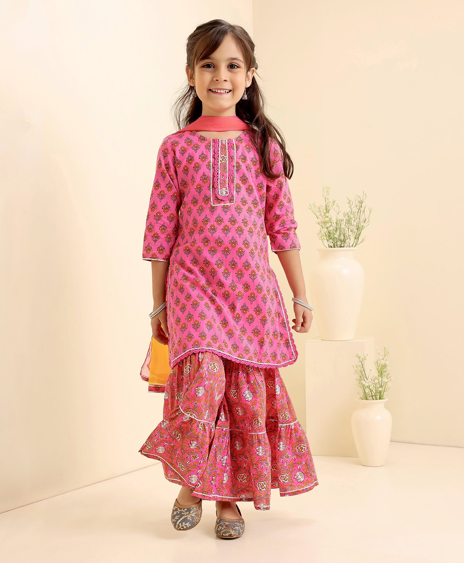 Babyhug Cotton Woven Three Fourth Sleeves Kurti & Sharara Set with Dupatta Ethnic Print - Pink-image-3
