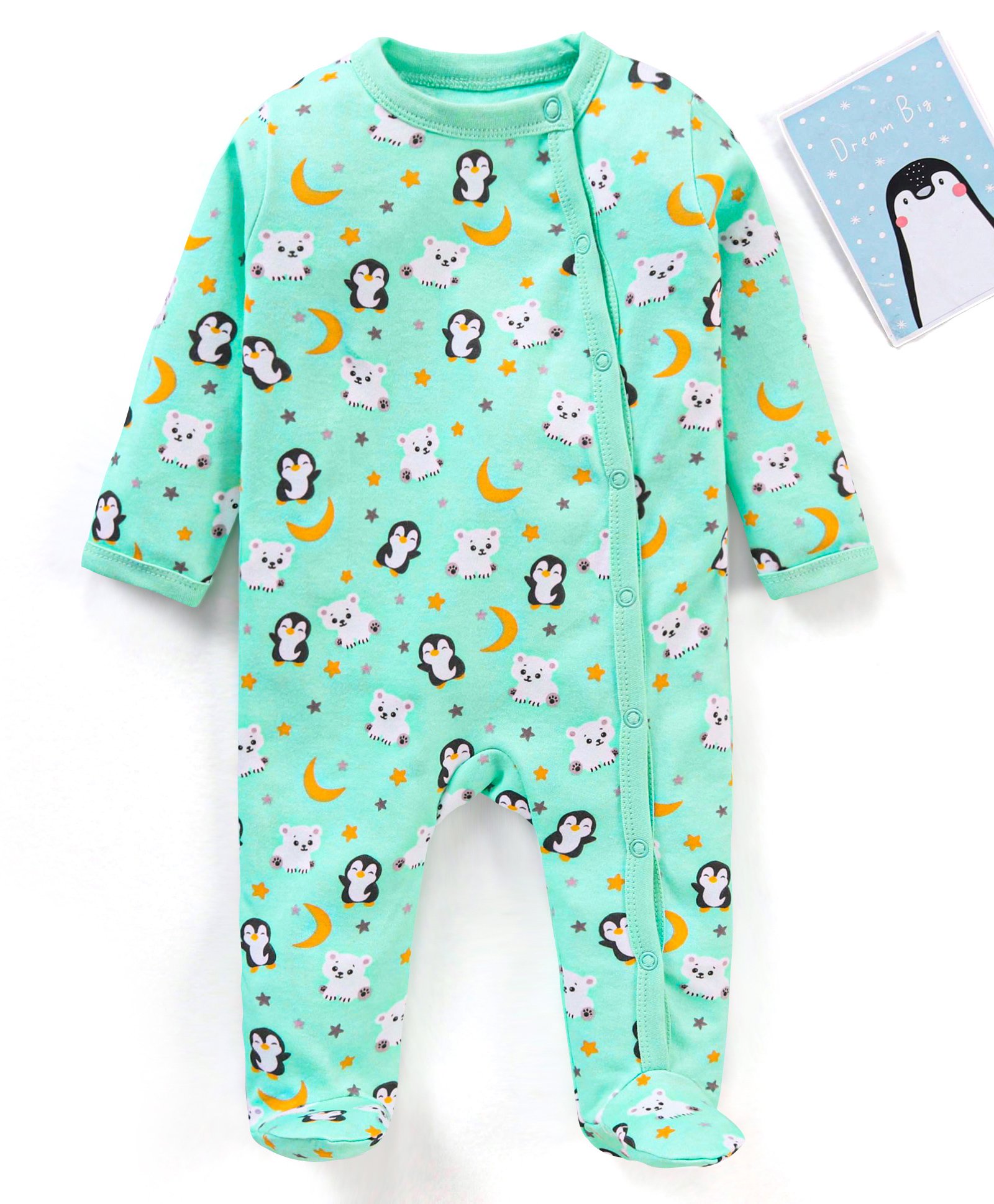 Babyhug Full Sleeves Footed Sleepsuit Penguin Print - Green-image-46