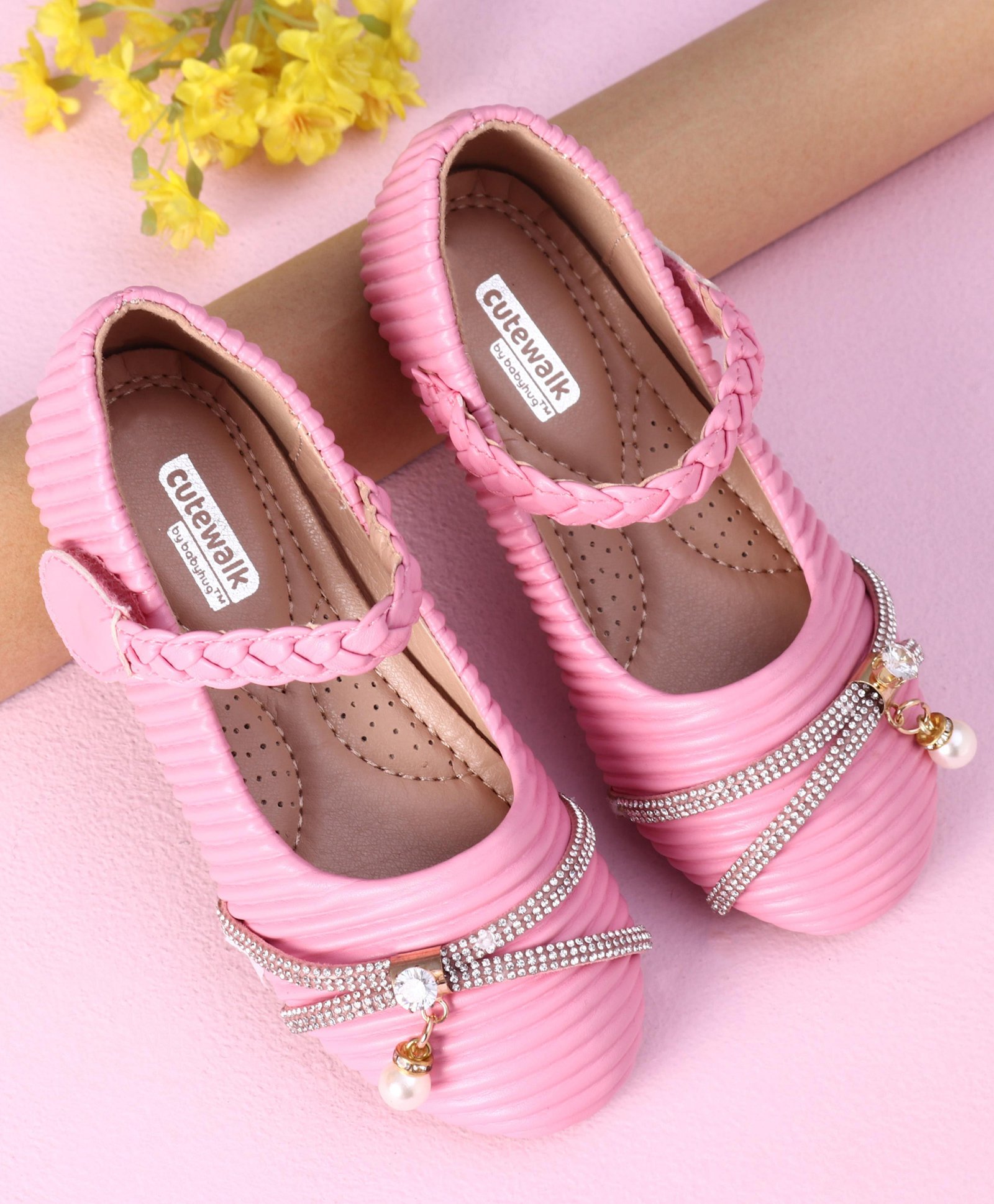 Cute Walk by Babyhug Party Wear Sandals Studded Lace Applique - Pink-image-40