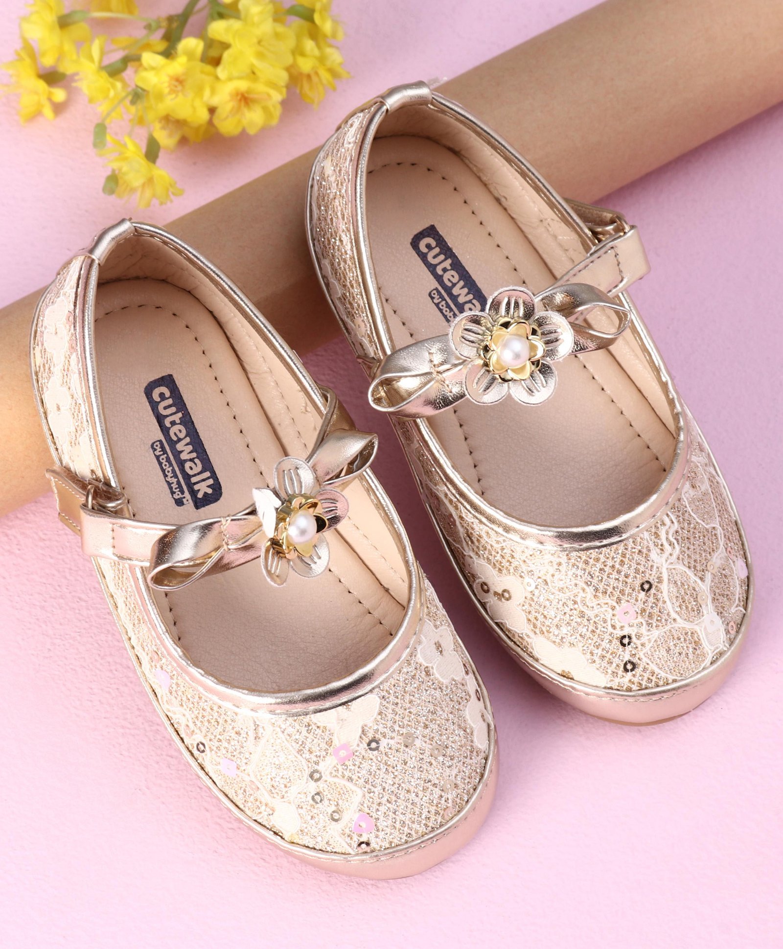 Cute Walk by Babyhug Sandals with Floral Applique - Gold-image-15