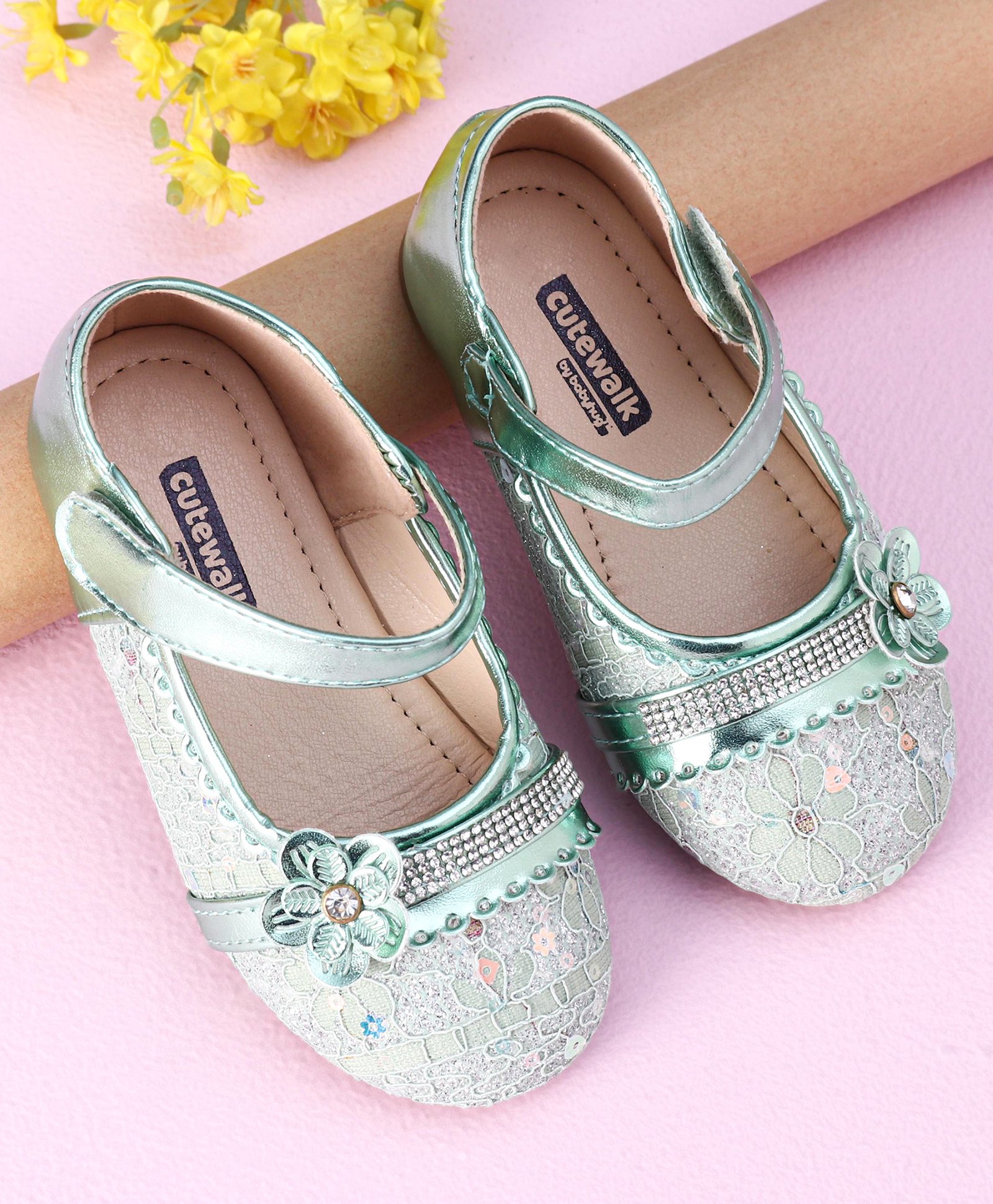 Cute Walk by Babyhug Ballerinas Floral & Stones Applique - Green-image-10