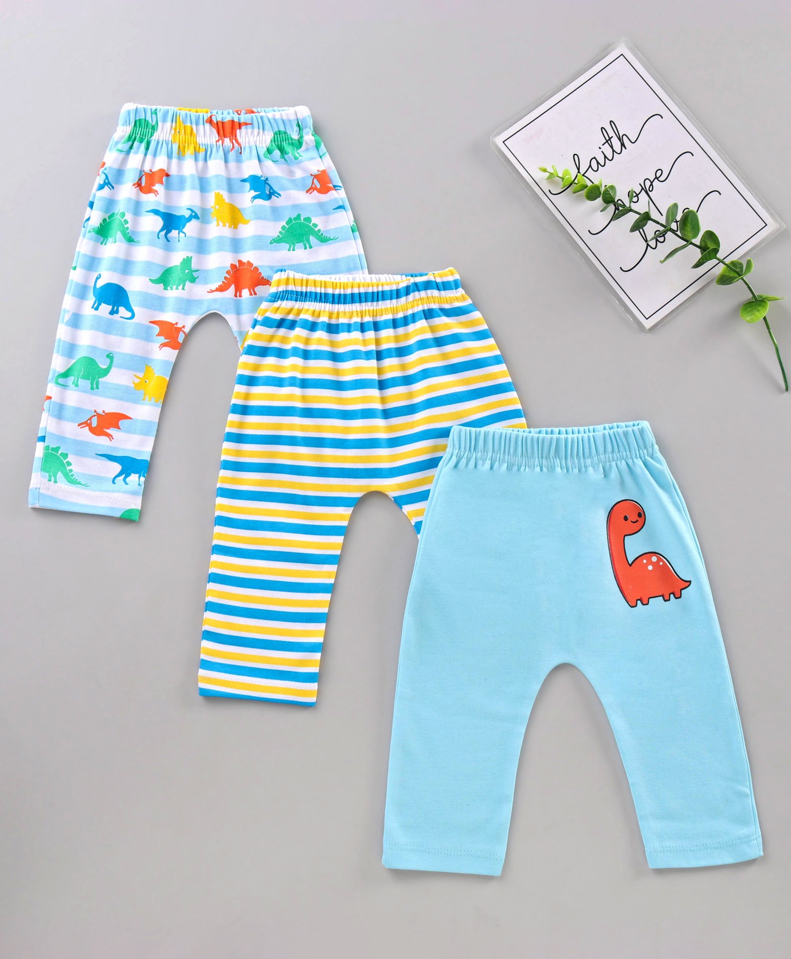 Babyhug Cotton Knit Full Length Striped Diaper Leggings Dino Printed Pack Of 3 - Multicolor-image-24
