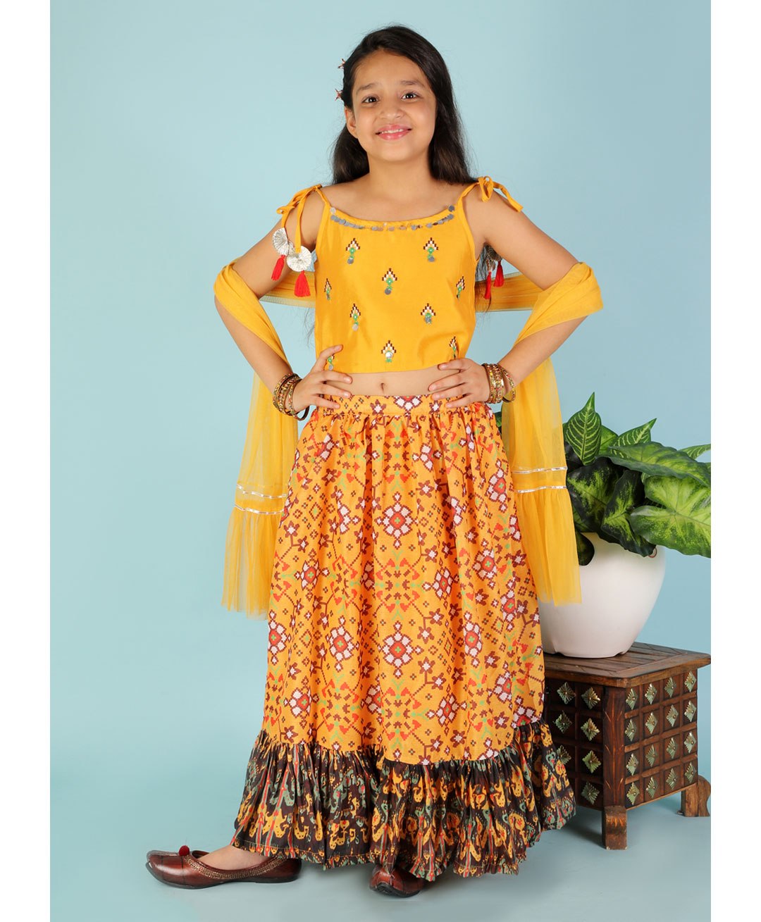 Lil' Drama Sleeveless Embroidered Choli & Chanderi Lehenga With Dupatta - Yellow-image-46