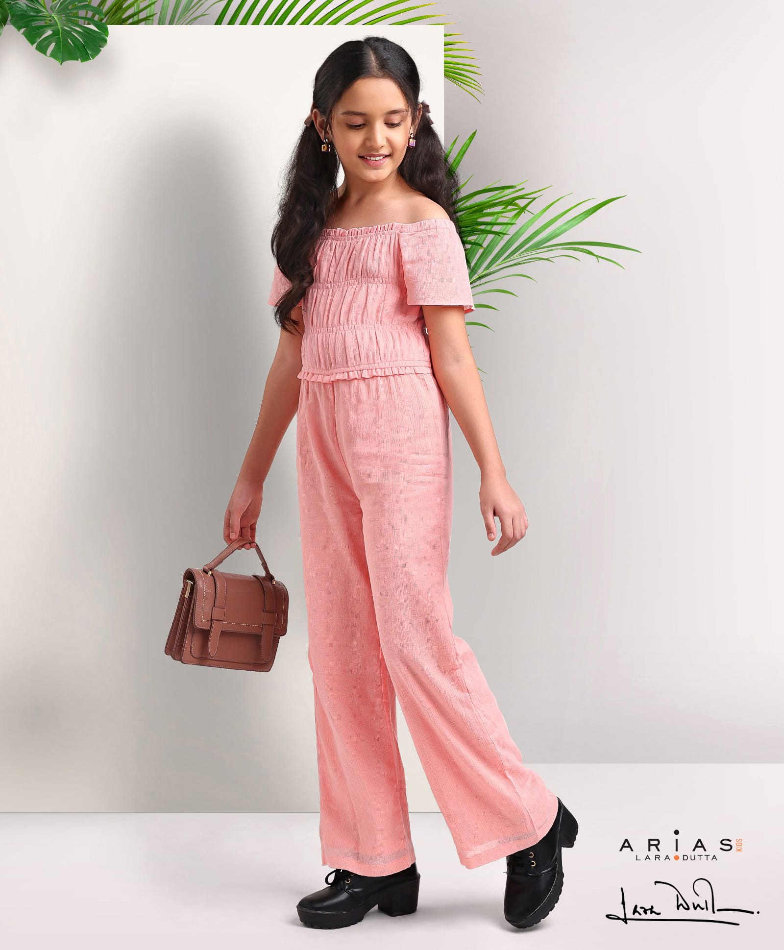arias by lara dutta Arias Cotton Gauze Dobby Full Length Jumpsuit With Adjustable Sleeves - Peach-picture-22